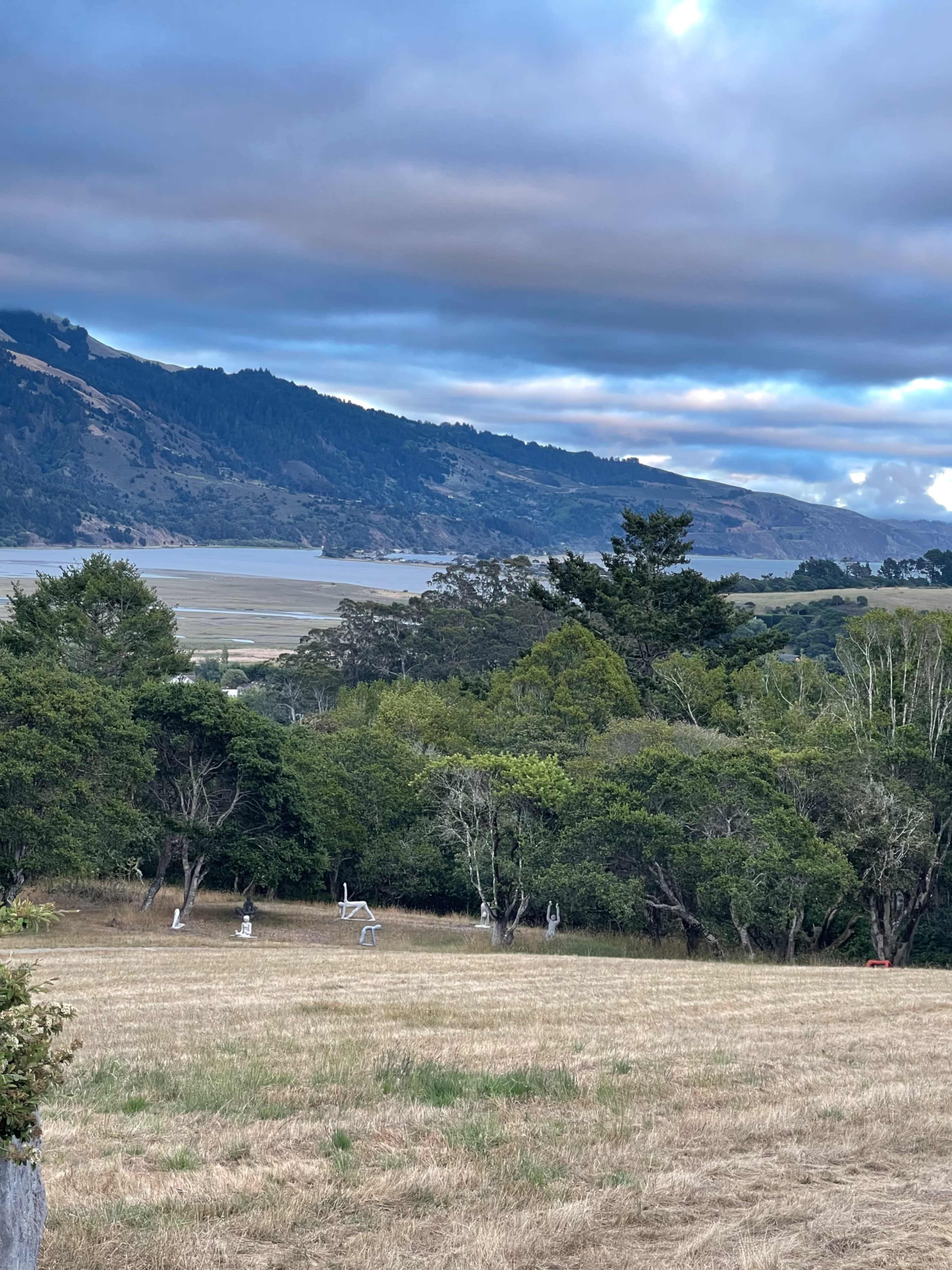 A grassy field with scattered white sculptures in the foreground and a lake with mountainous terrain in the background under a cloudy sky.