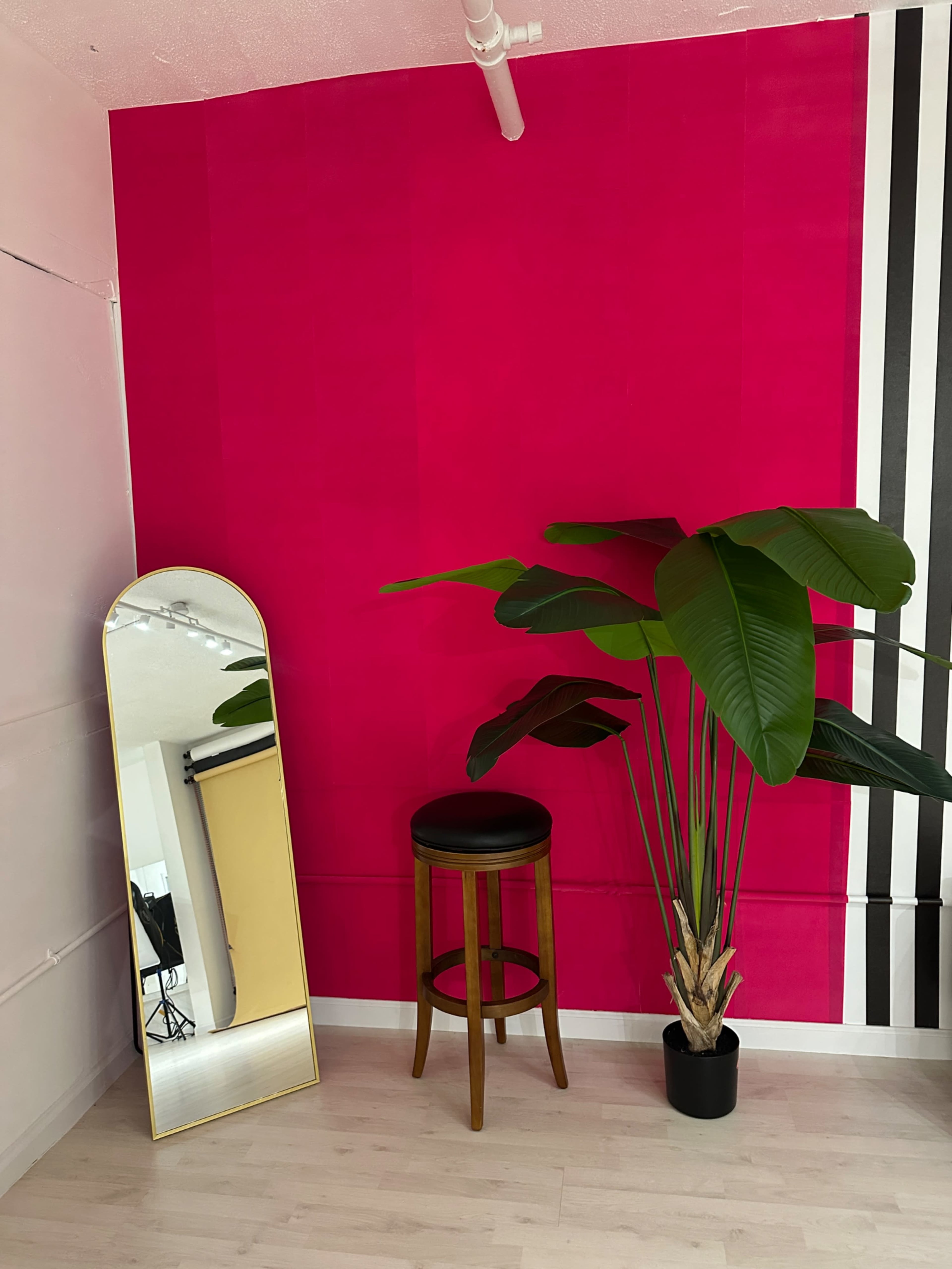 The image features a pink wall with vertical black and white stripes, a large mirror, a wooden stool, and a tall plant in a pot.