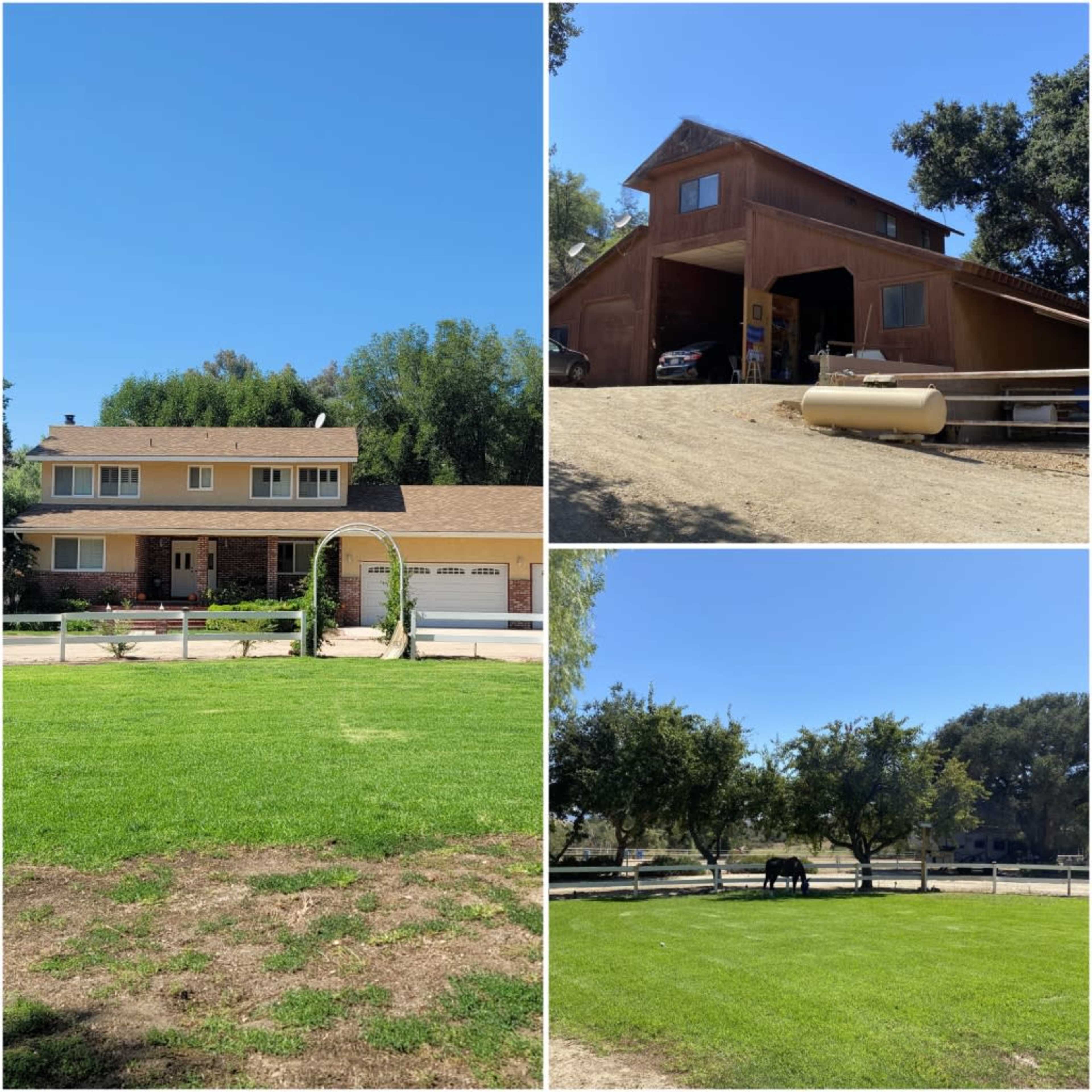 The image features a suburban property with a two-story house, a large barn, and a green lawn, along with trees and horses in a fenced area.