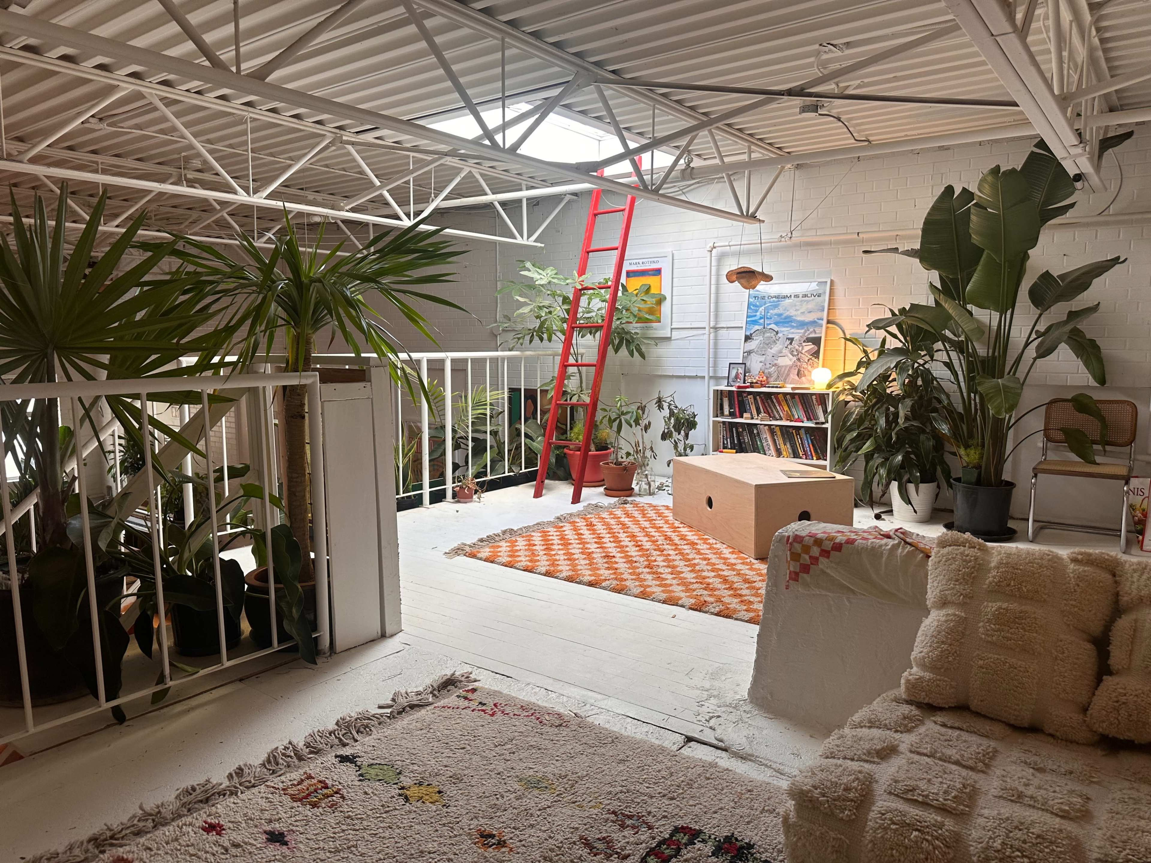 The image shows a bright loft space with a red ladder, various potted plants, a cozy area rug, and a bookshelf in a well-lit corner.