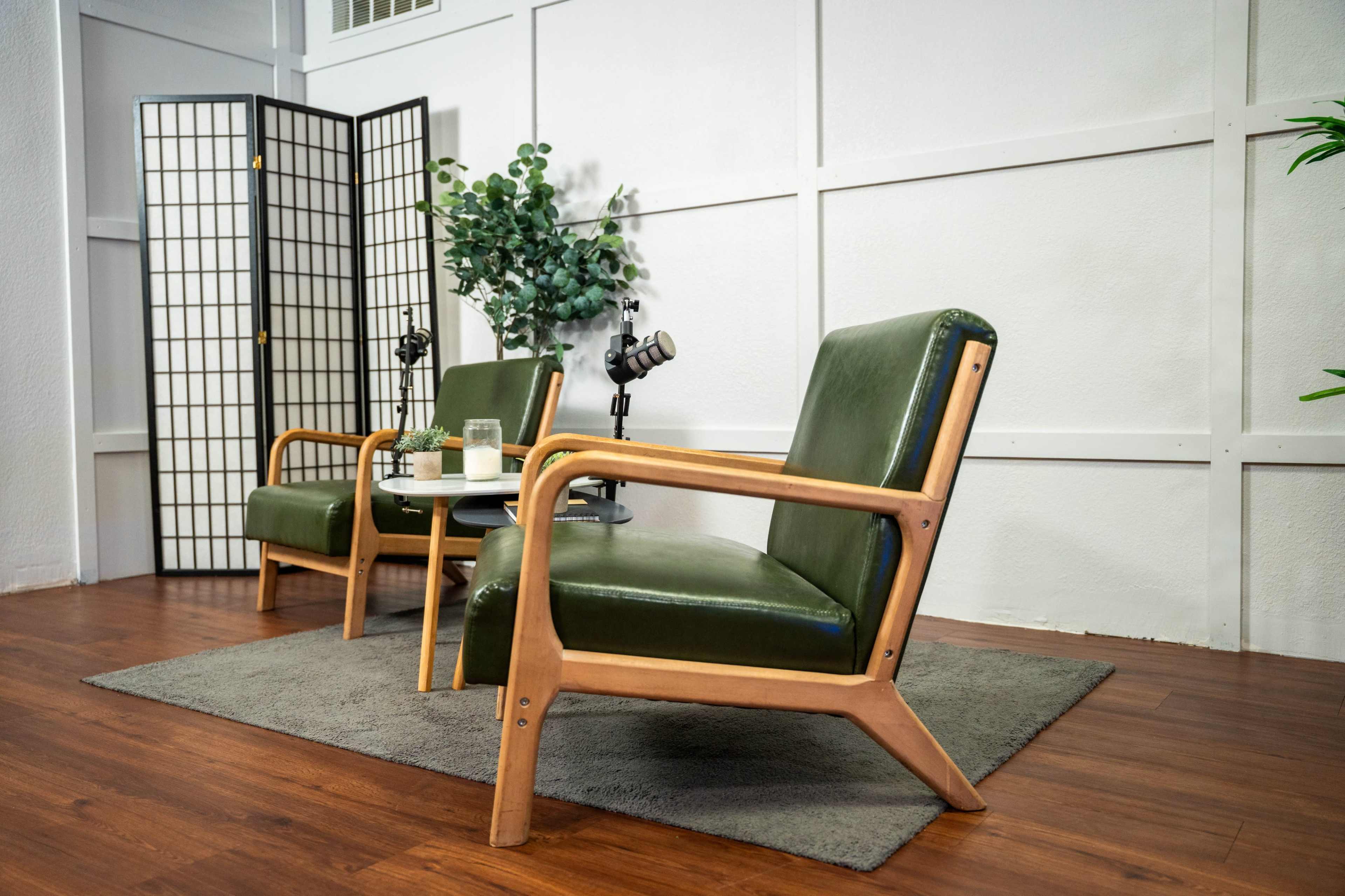 The image shows a modern seating area with two green chairs, a small glass coffee table, a plant, and a room divider against a white wall.