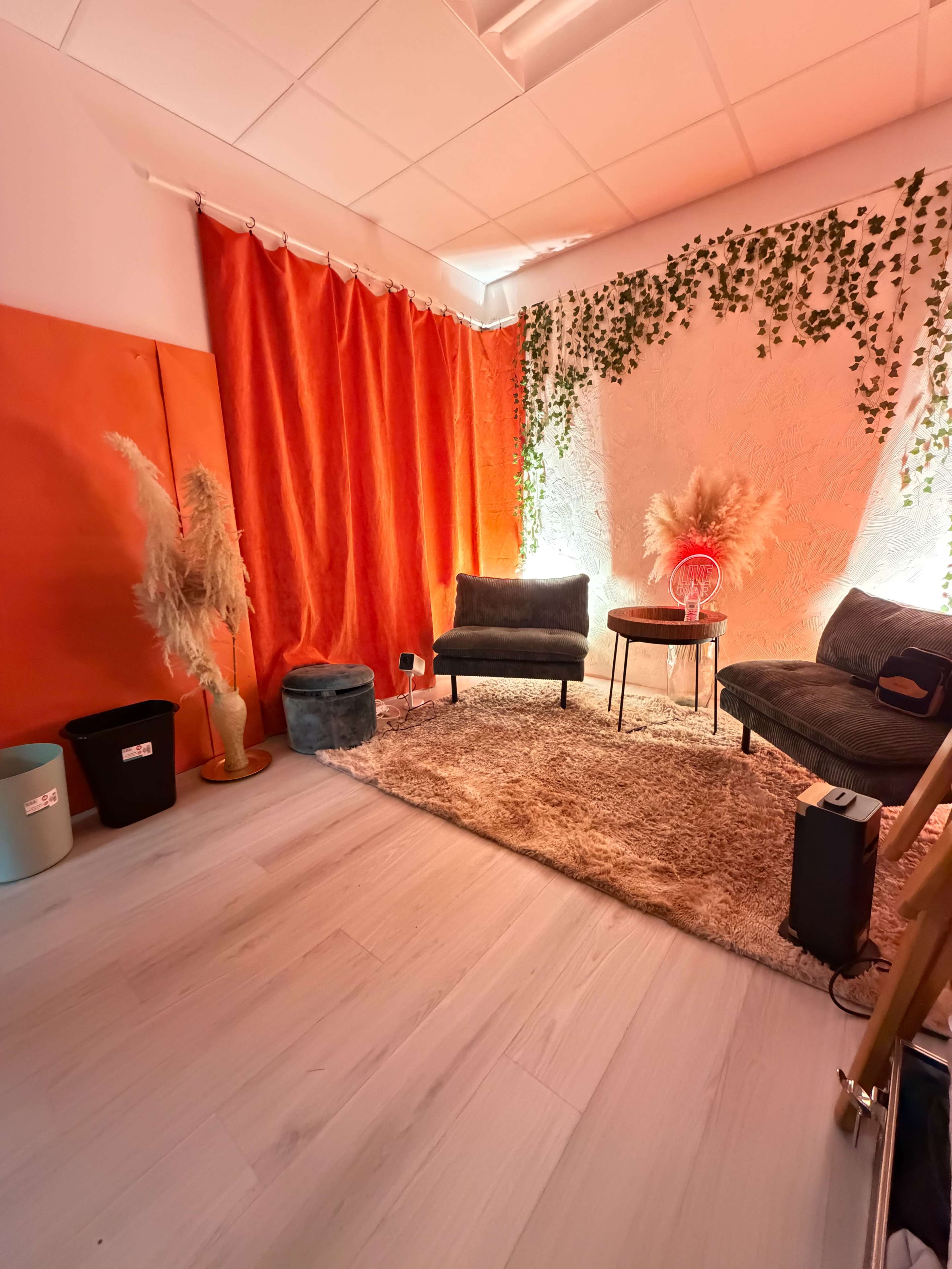 The image shows a cozy room featuring orange curtains, green foliage on the wall, two chairs, and a small table on a plush rug.