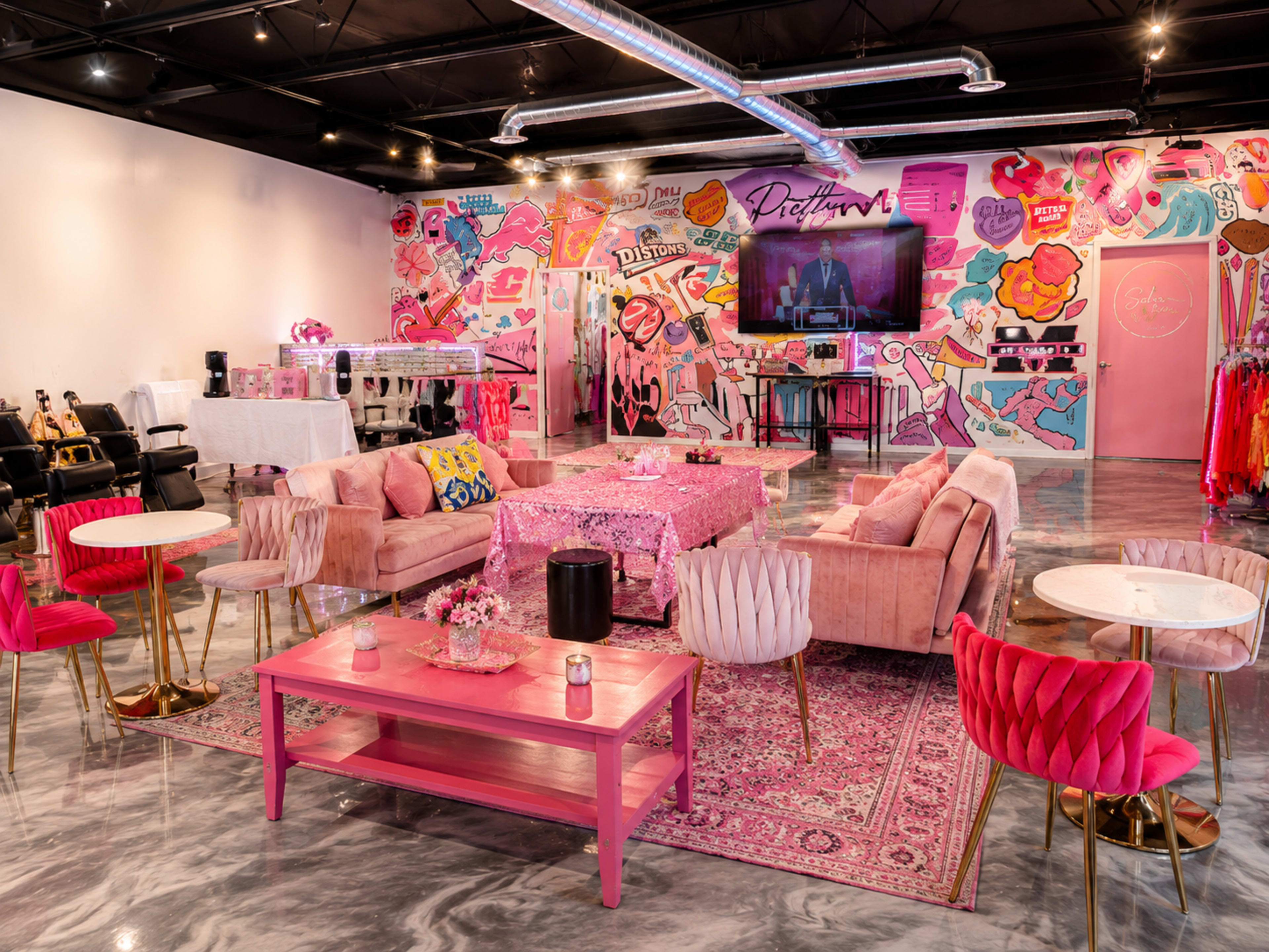 The scene features a stylish, vibrant interior decorated with colorful murals, plush pink furniture, and a glittering tablecloth, creating a lively and modern space.