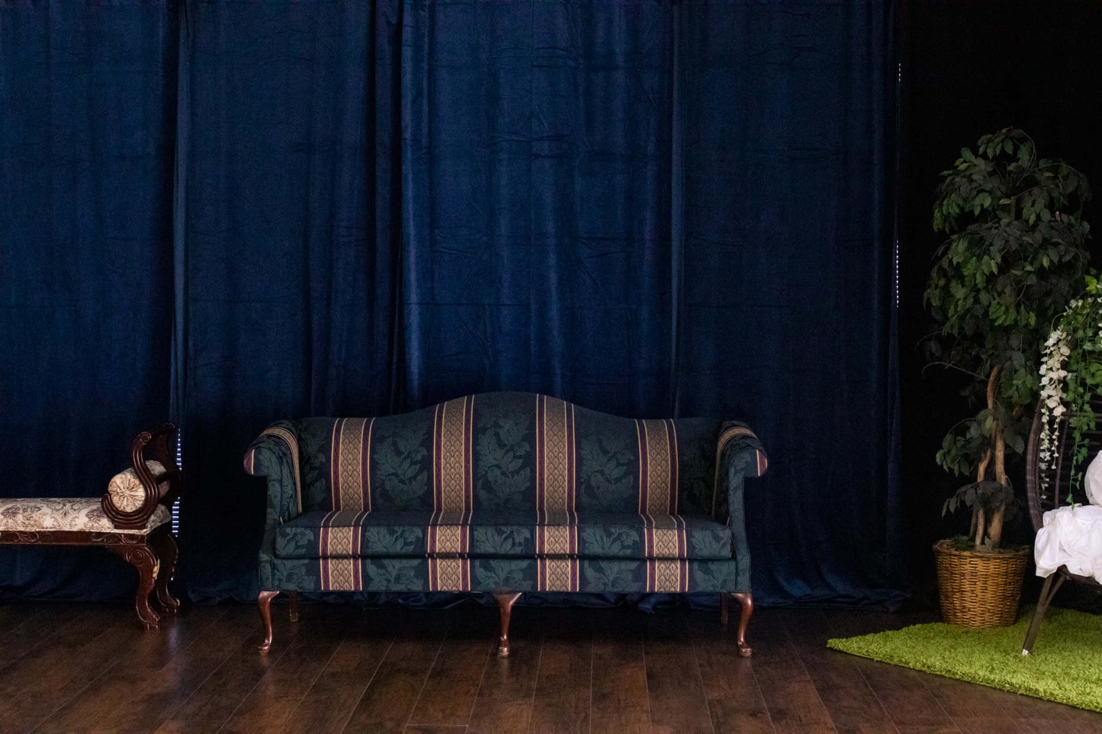 The image features a green striped sofa positioned in front of dark blue curtains, with a potted plant on the right and an ornate chair on the left.