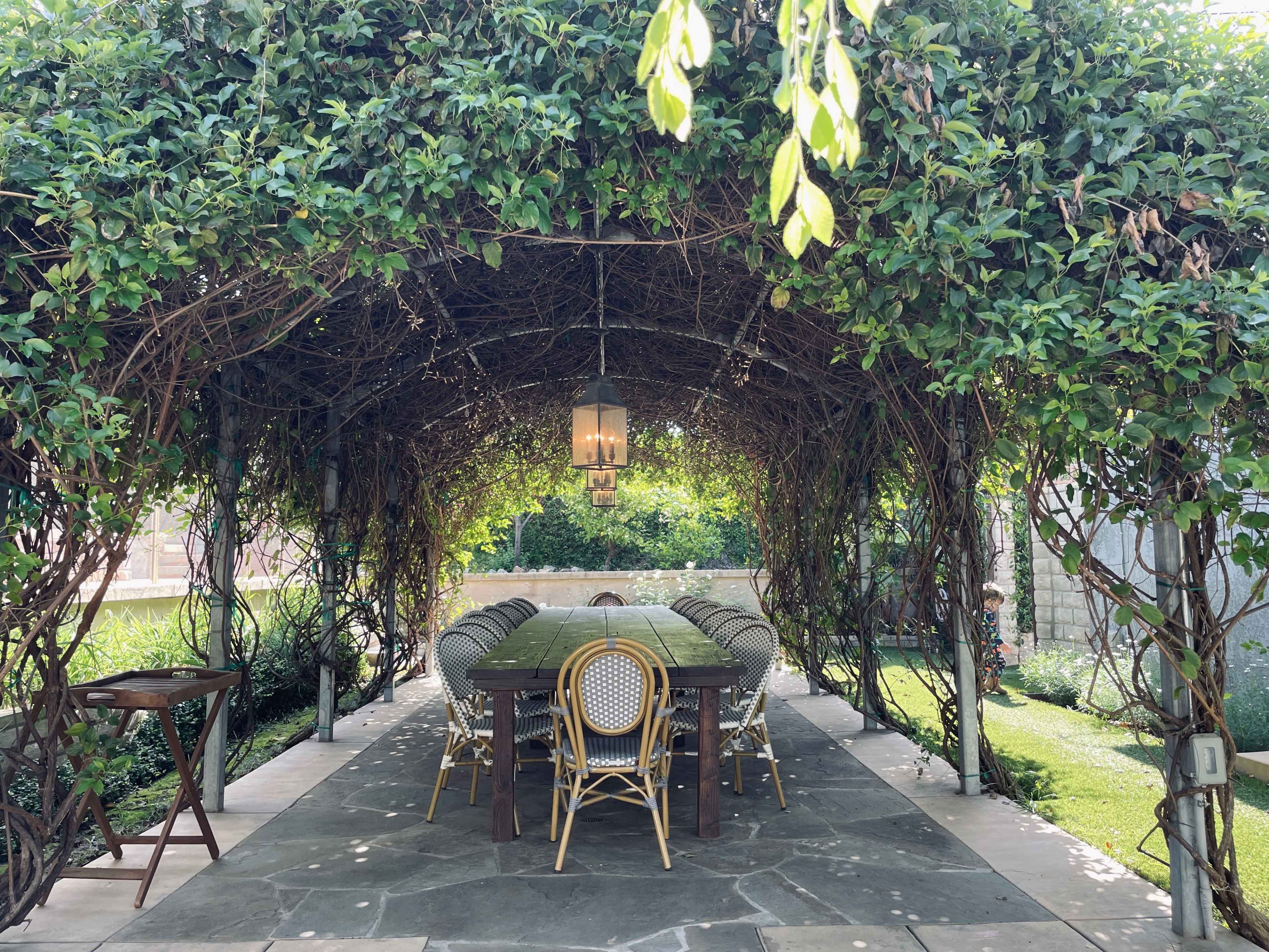 A covered outdoor dining area features a long table surrounded by chairs, with lush vines overhead and a lantern hanging from the ceiling.