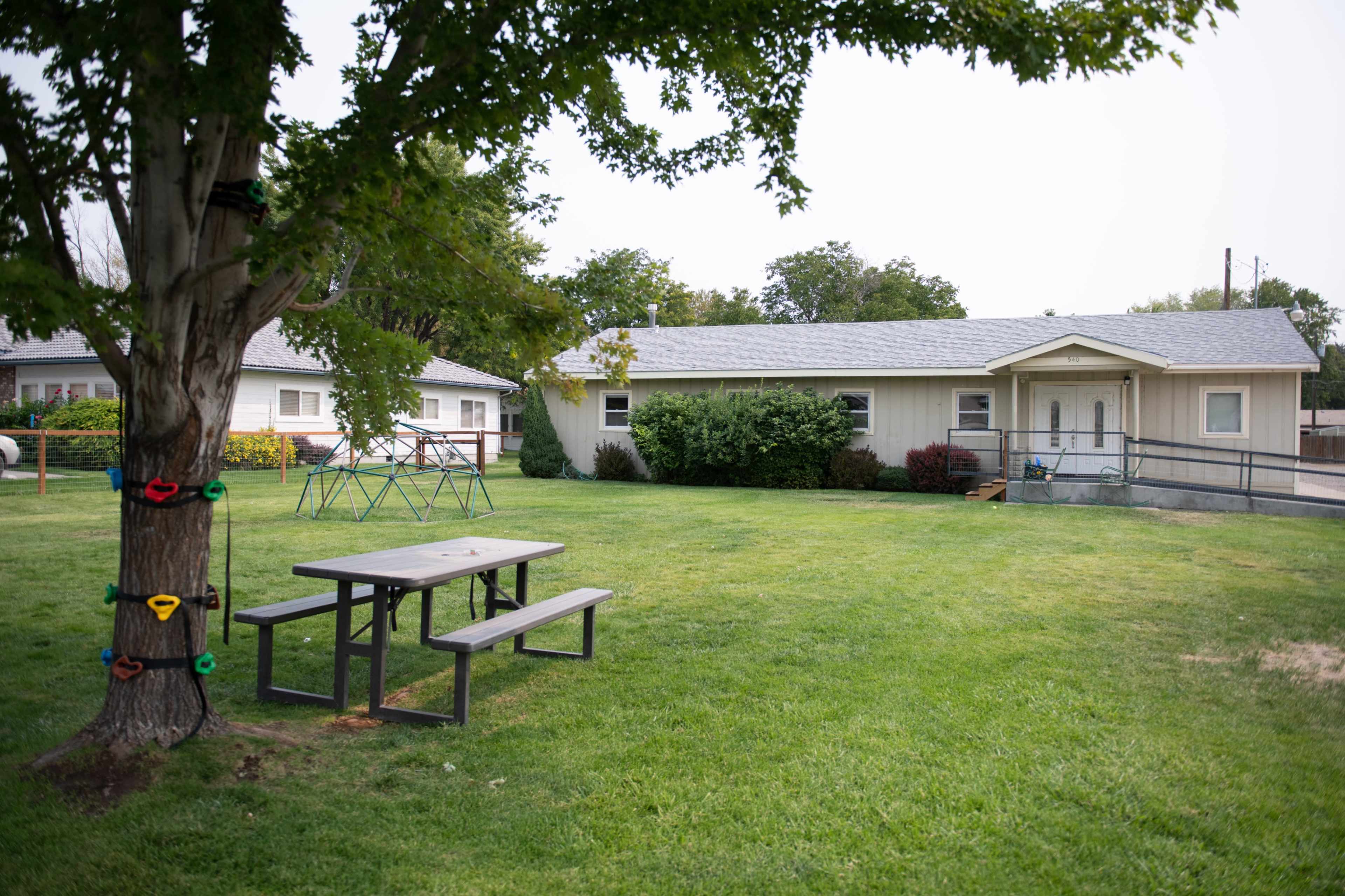 A picnic table sits on a grassy area next to a tree, with a light-colored house and swingset in the background.