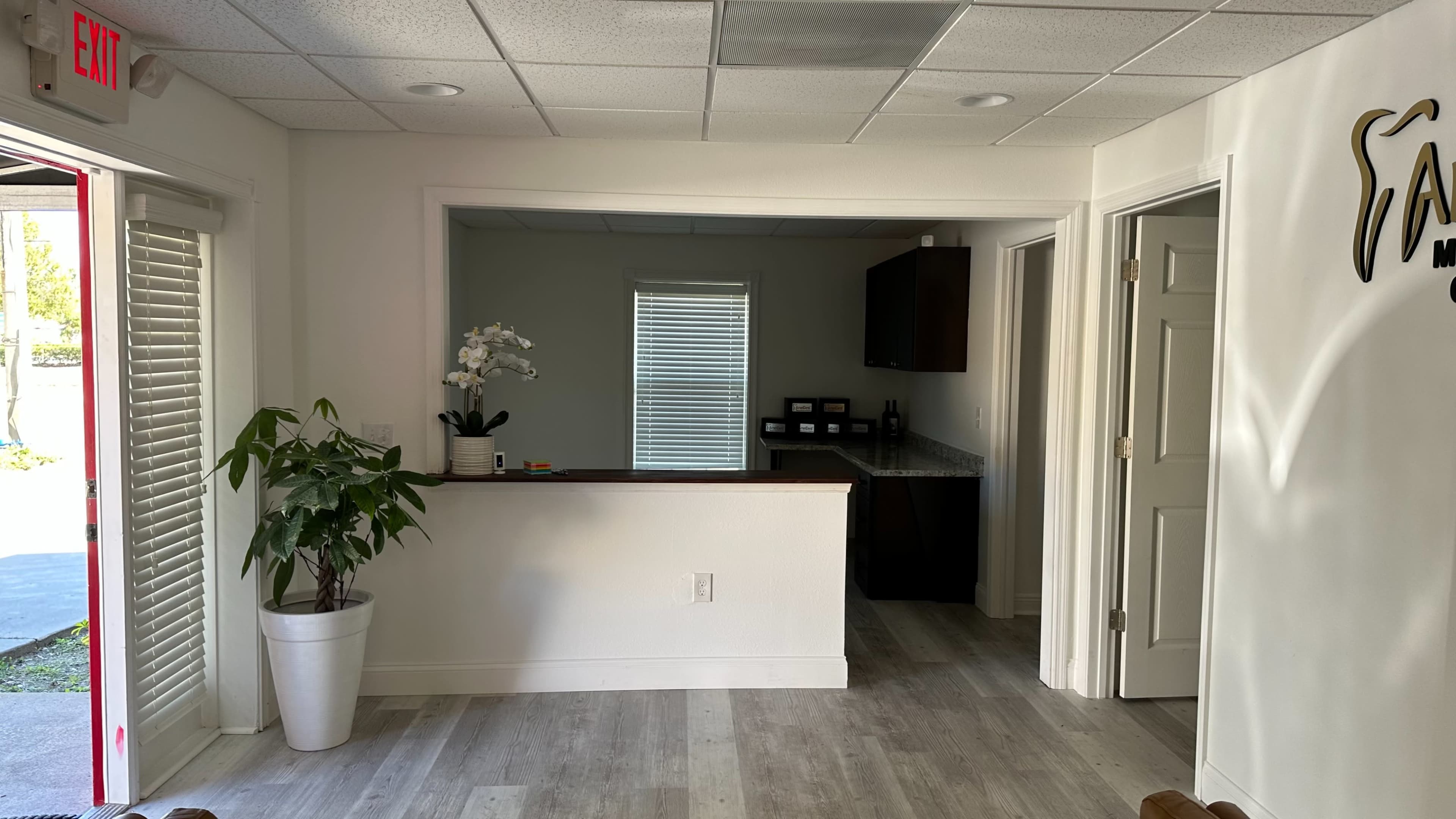 The image shows a reception area featuring a counter with cabinets in the background, a plant in a white pot, and two doors leading to separate rooms.