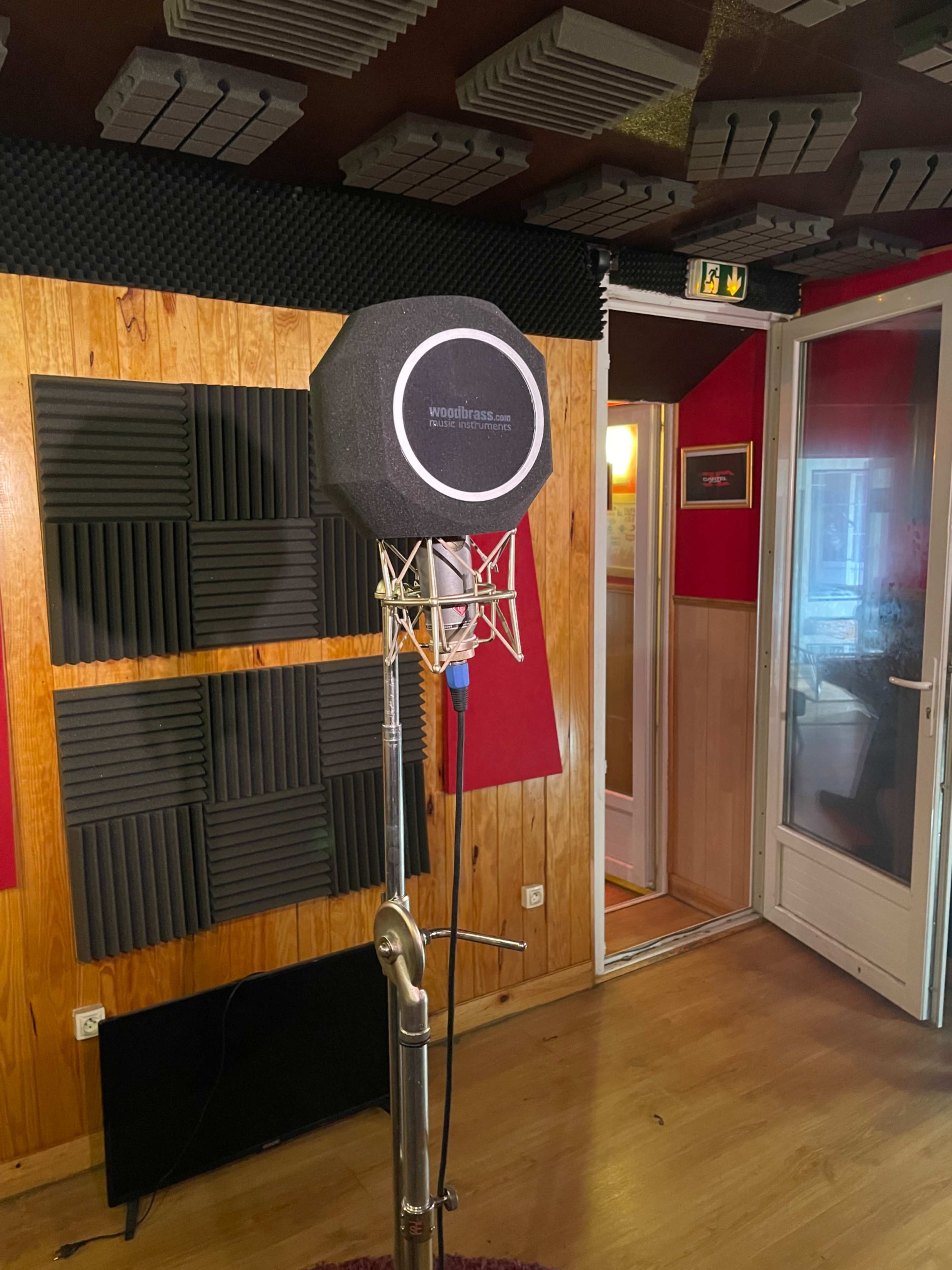 A microphone on a stand in a recording studio, surrounded by soundproofing panels and a partially open door.
