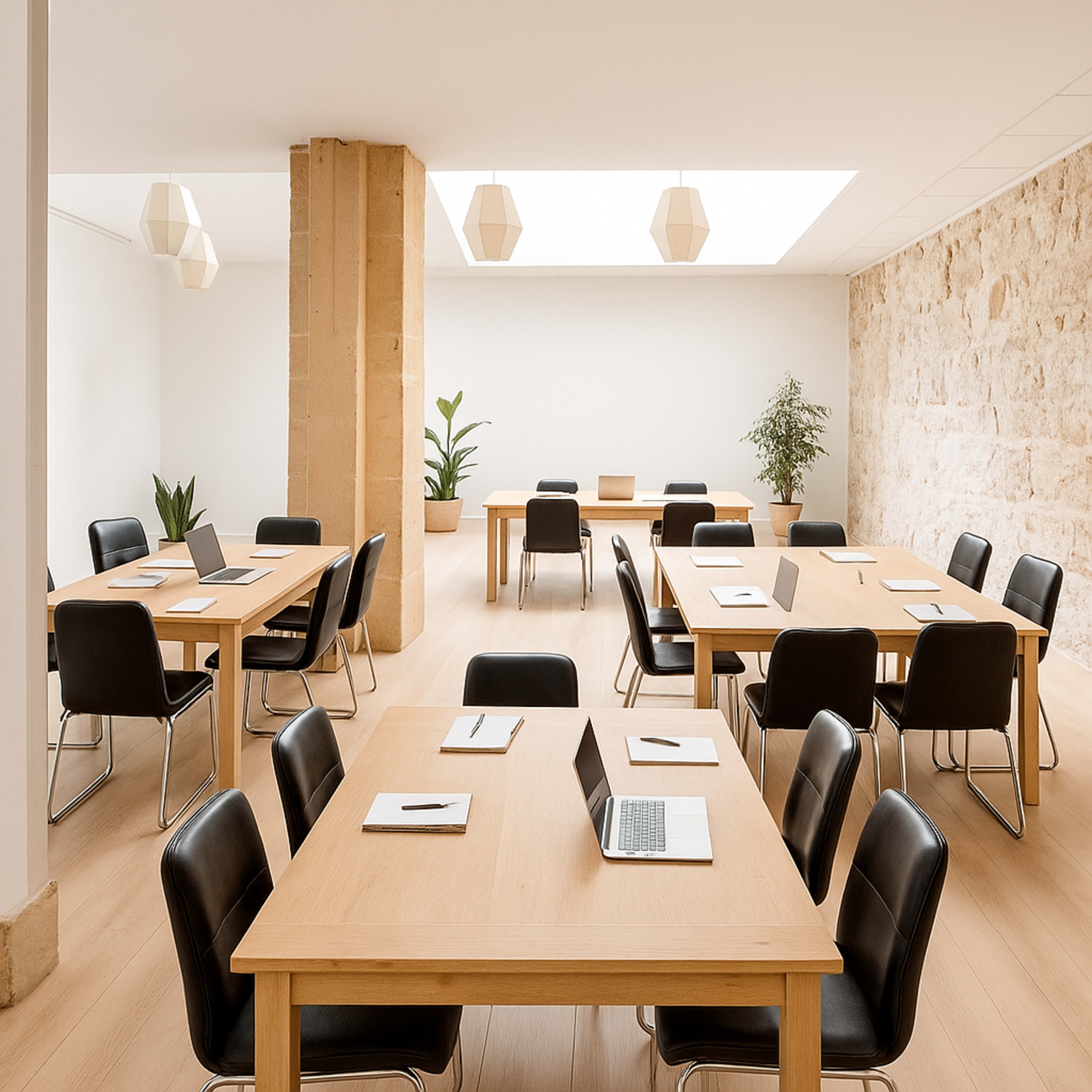 The image shows a modern meeting room with wooden tables and black chairs, featuring a skylight and potted plants.
