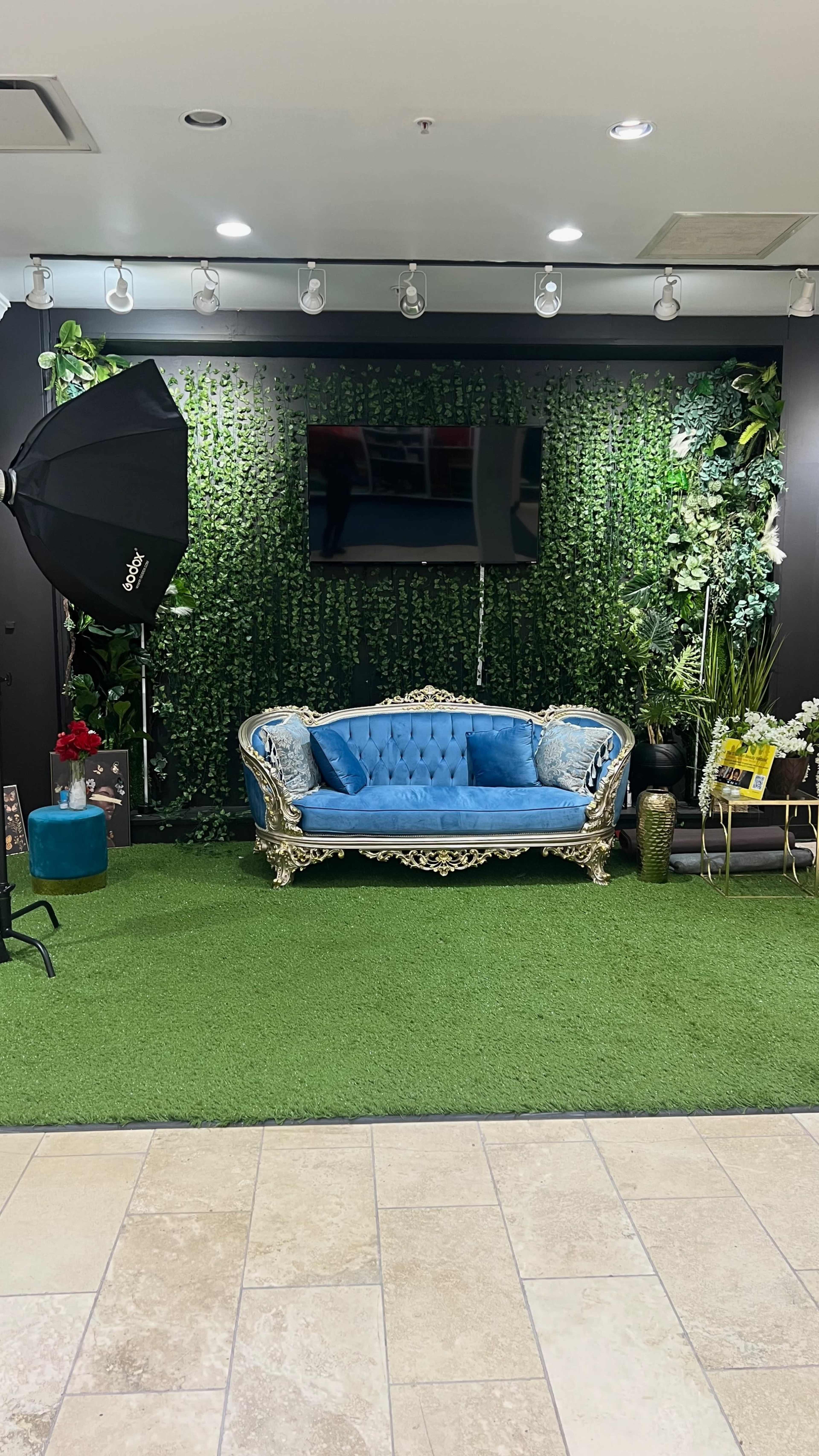 The scene features a blue sofa with ornate gold detailing placed on artificial grass in a decorated area surrounded by green foliage and plants, with a photography umbrella and a television mounted on the wall.