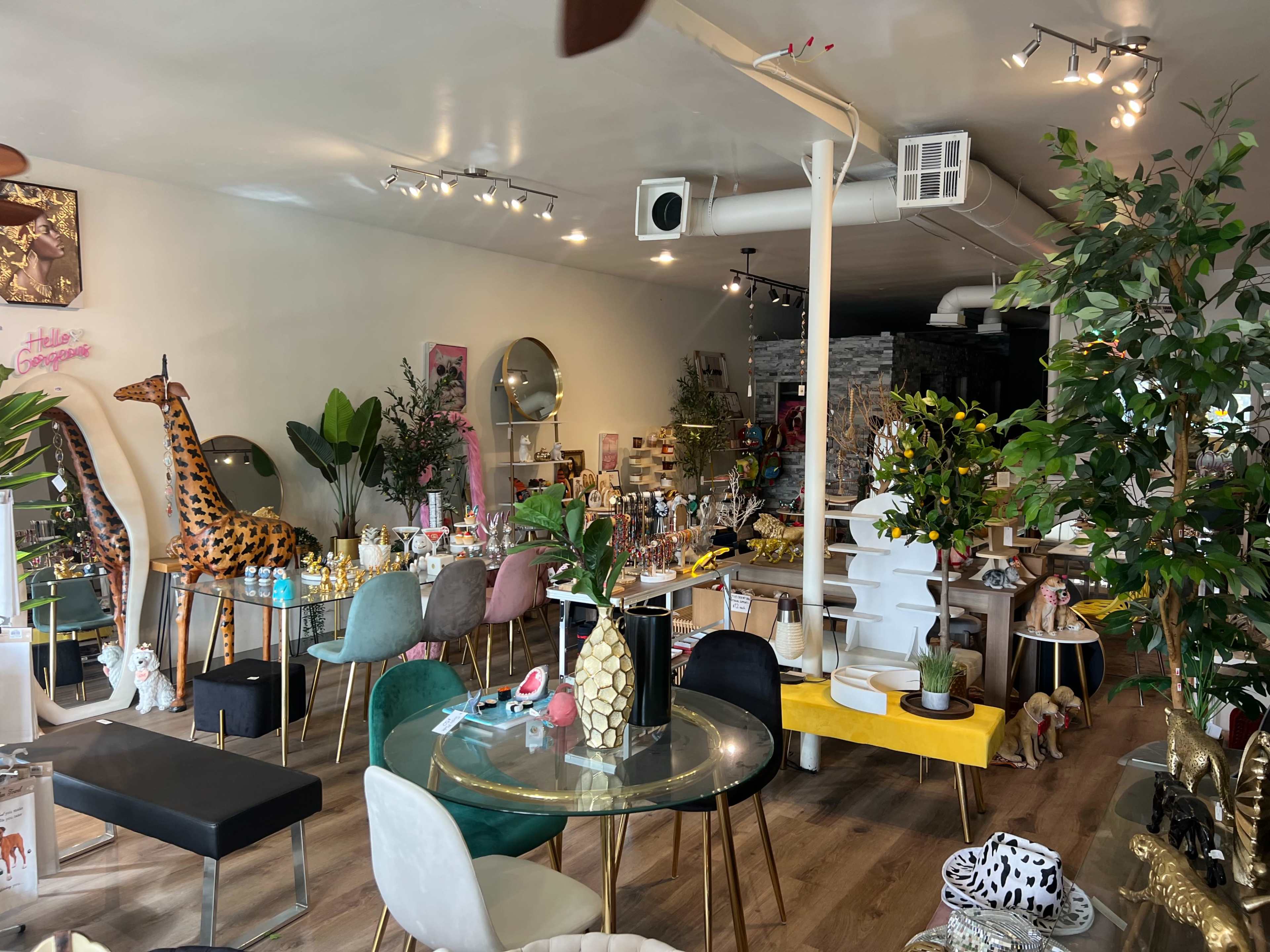 The image shows a boutique interior filled with various decorative items, furniture, and plants arranged around tables and displays.