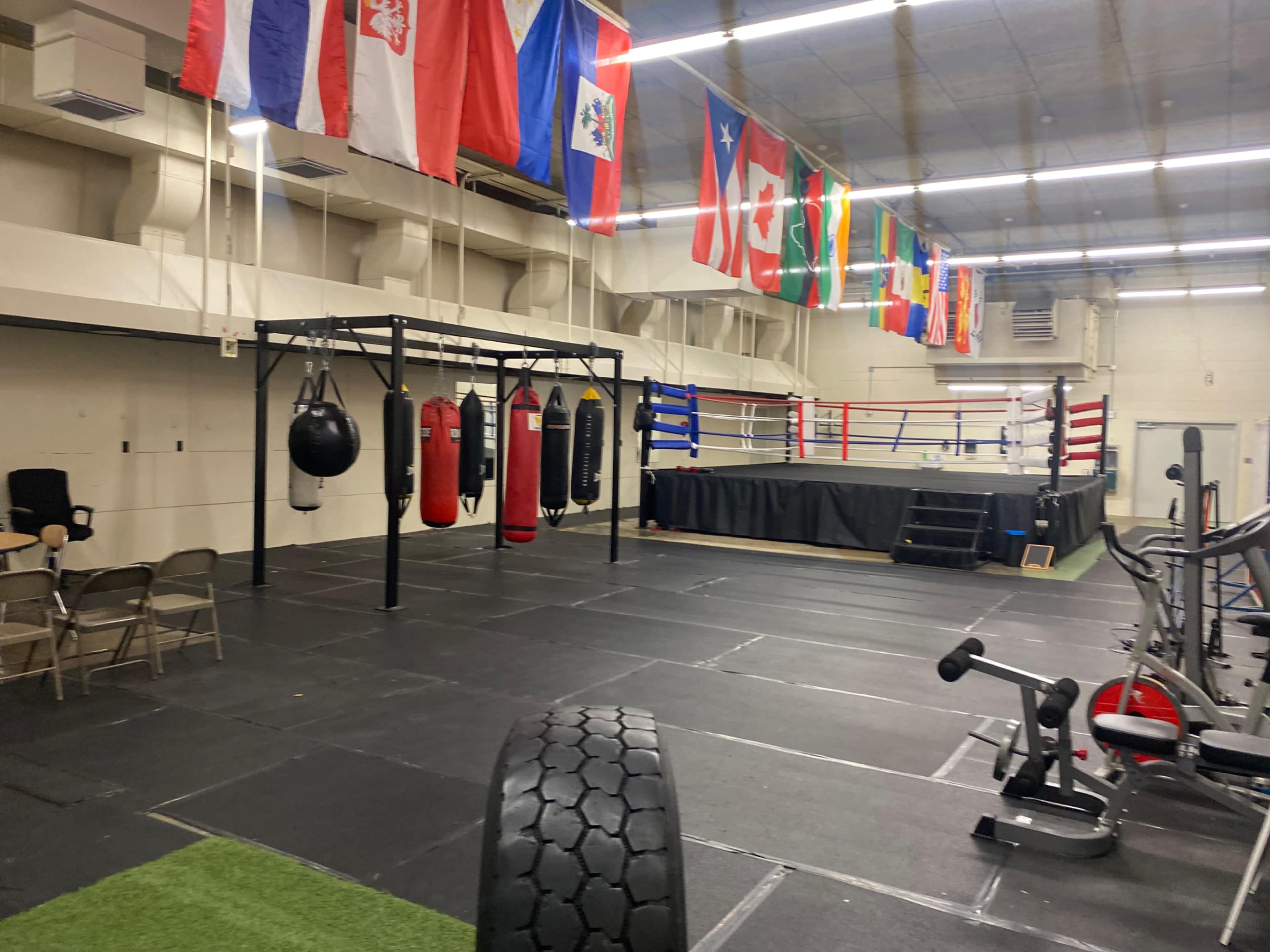 The image shows an indoor boxing gym with a boxing ring, heavy bags suspended from a frame, exercise equipment, and various national flags hanging from the ceiling.