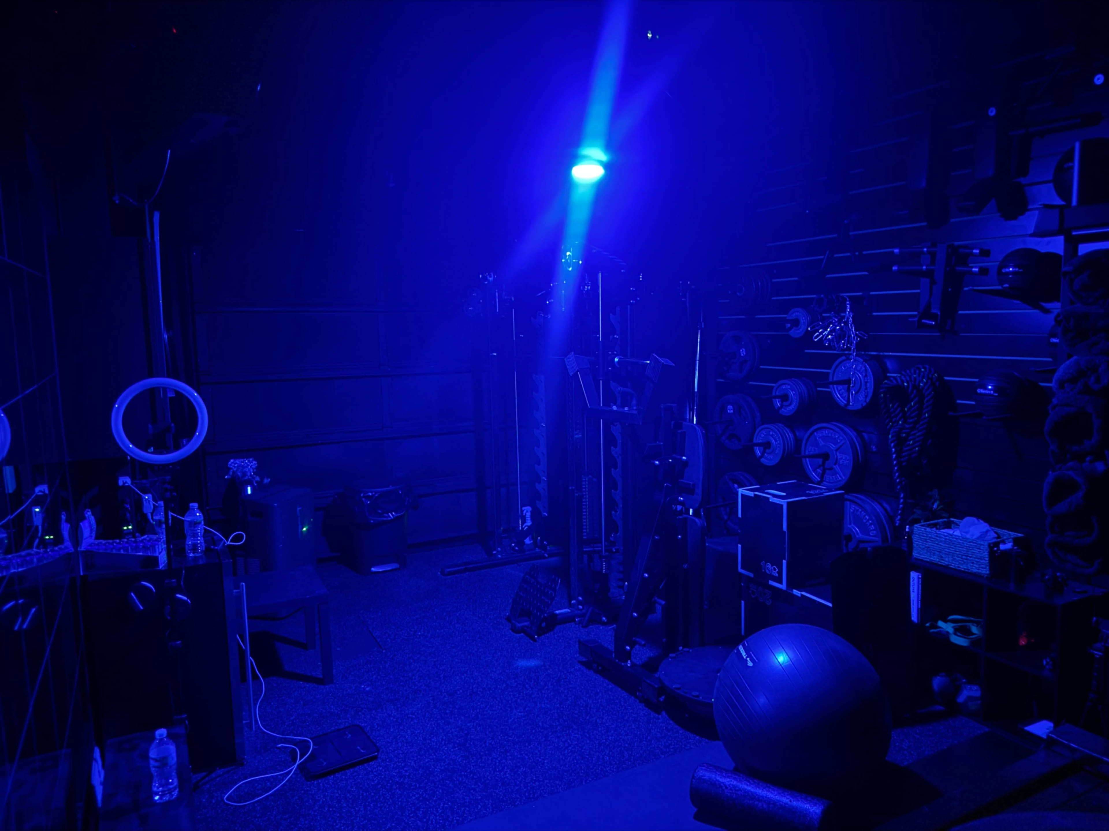 The image shows a dimly lit gym space with blue lighting, featuring various exercise equipment including weights, a stability ball, and workout mats.