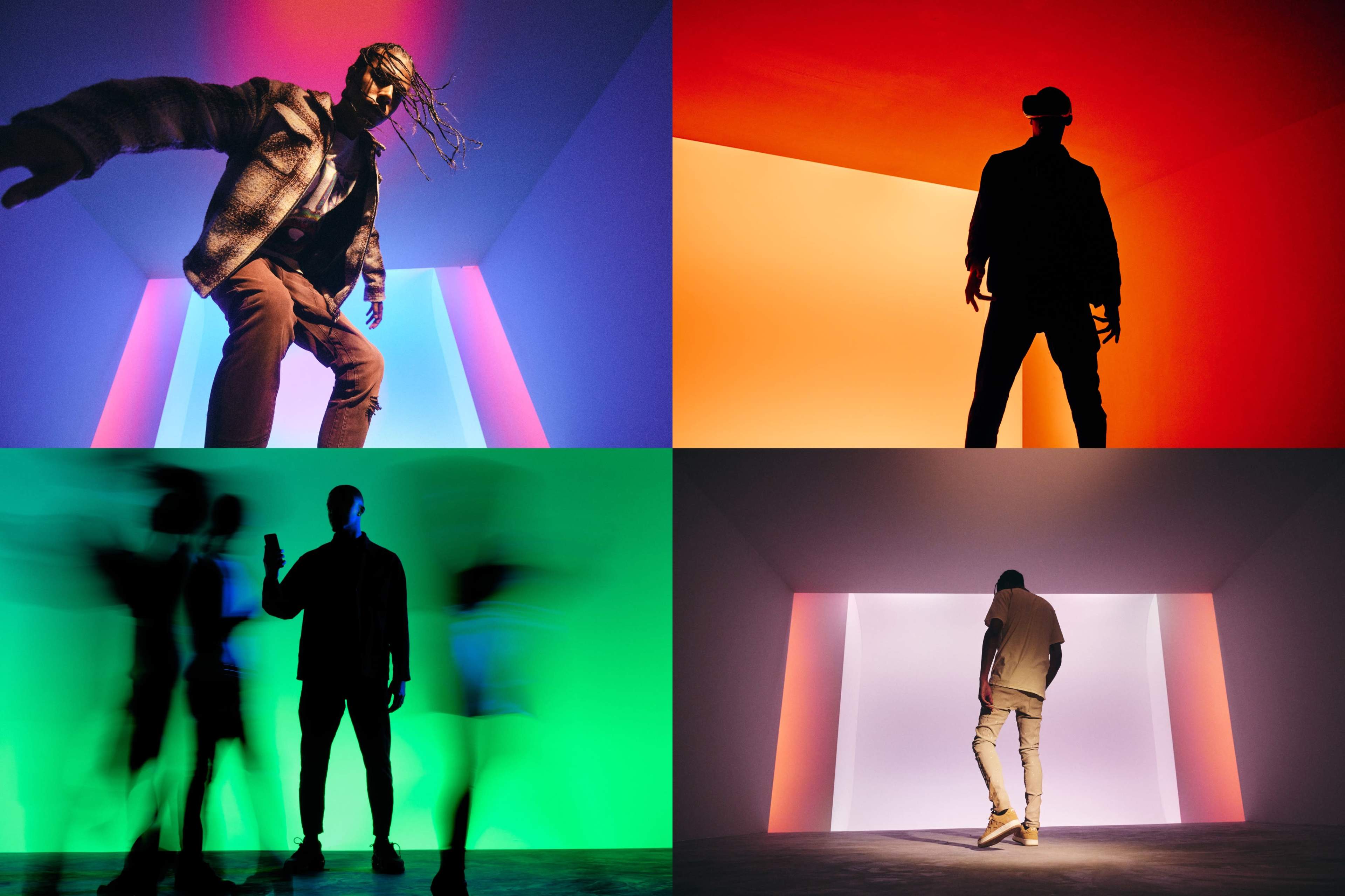 Four scenes with silhouettes of individuals set against brightly colored, illuminated backgrounds in various poses.