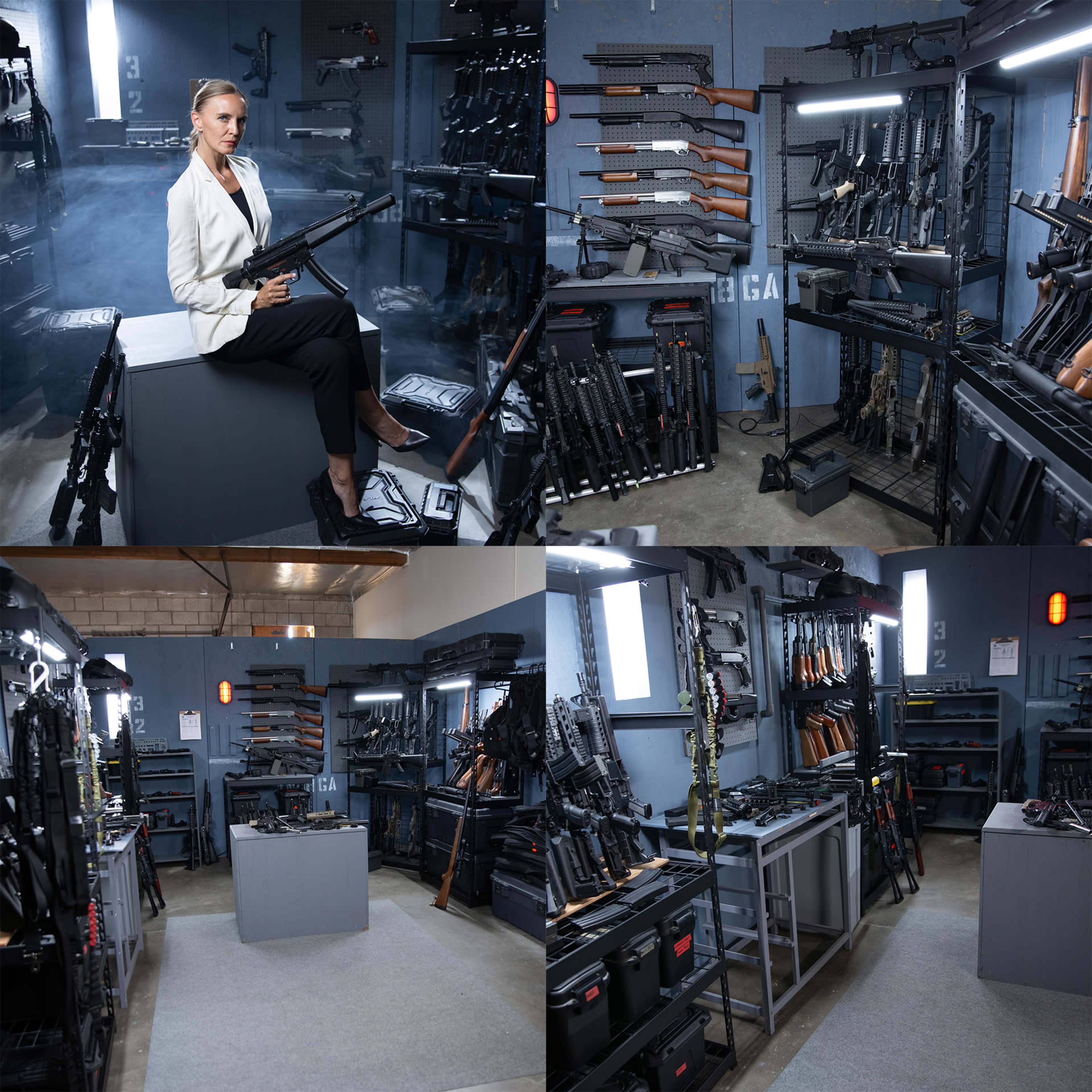 The image displays a well-organized armory room filled with various firearms, with a woman seated on a gray platform holding a rifle prominently in the foreground.