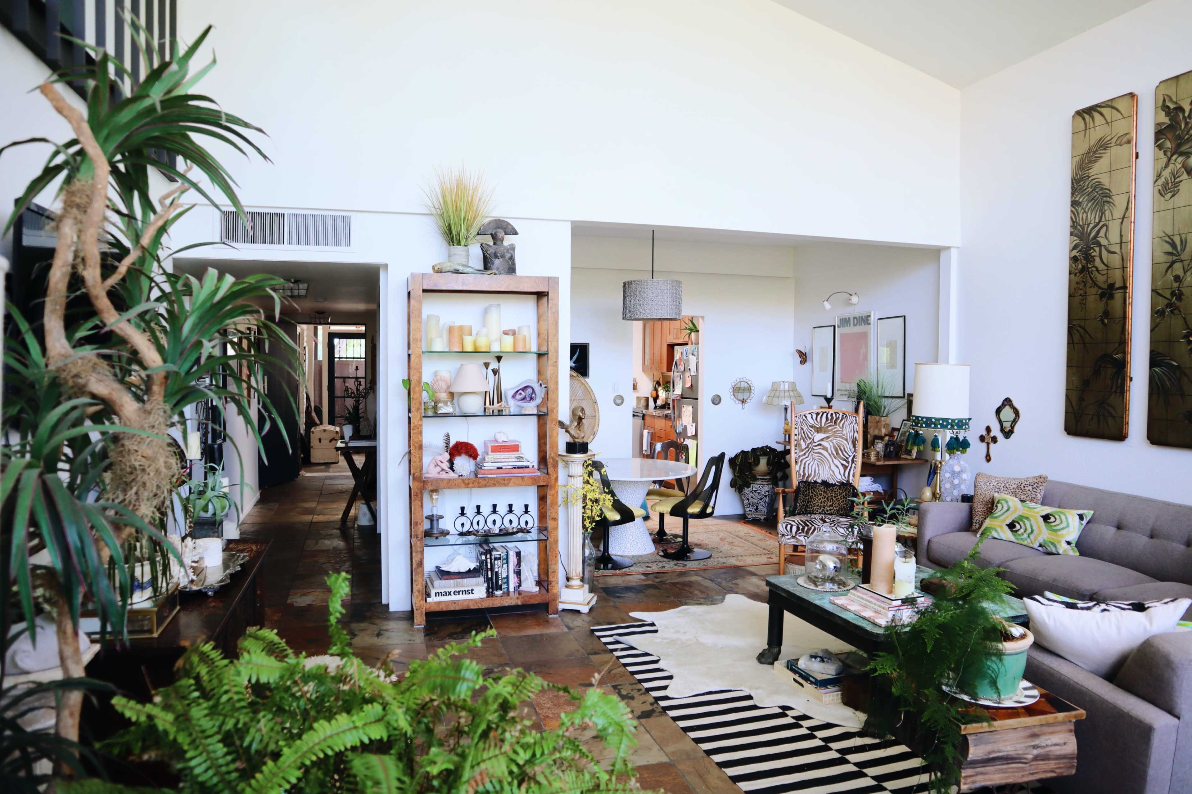 A stylish living room with a mix of decorative shelves, furniture, and plants that create an inviting atmosphere.