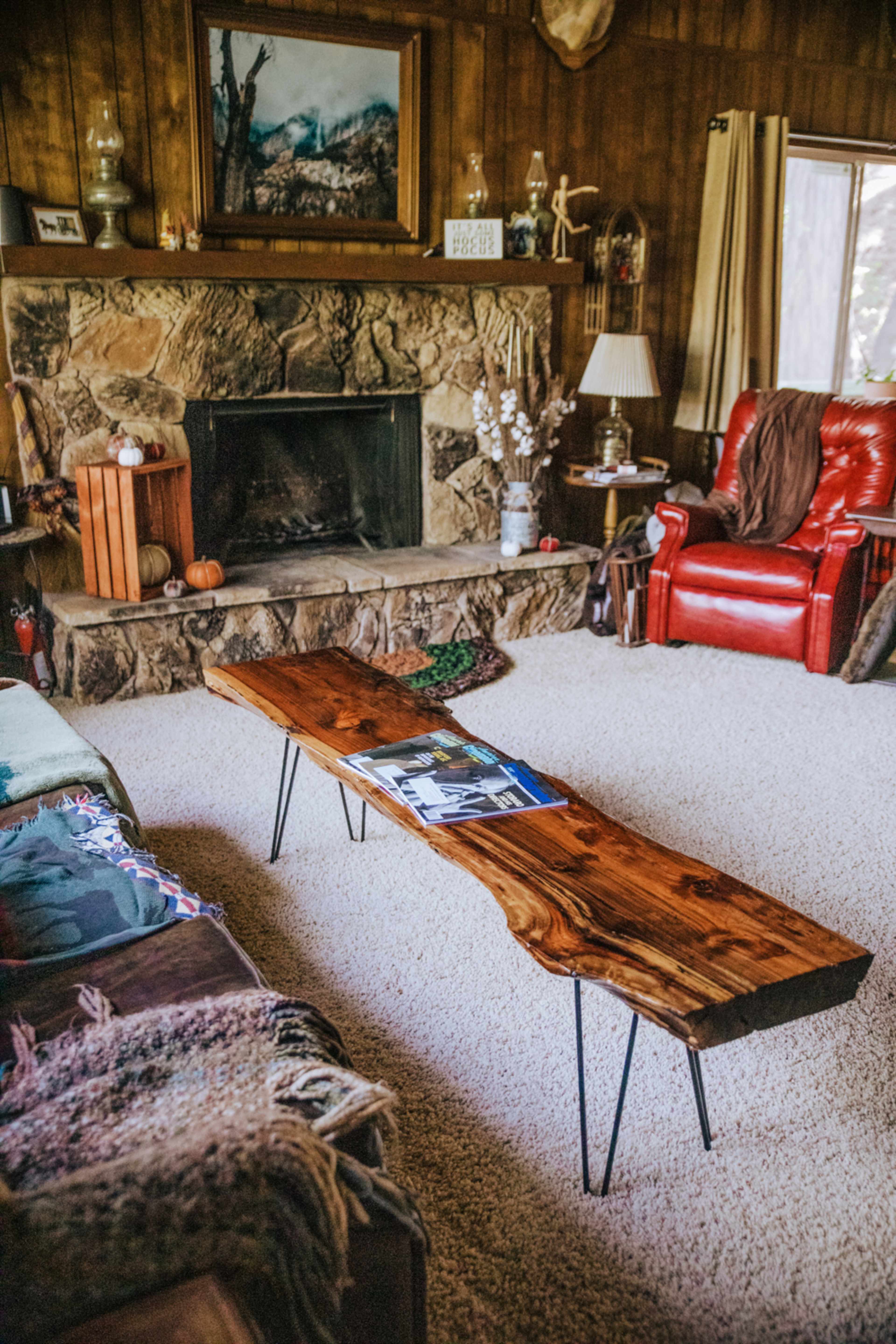 The image shows a rustic living room with a wooden coffee table, a stone fireplace, a red leather armchair, and a cozy carpet.