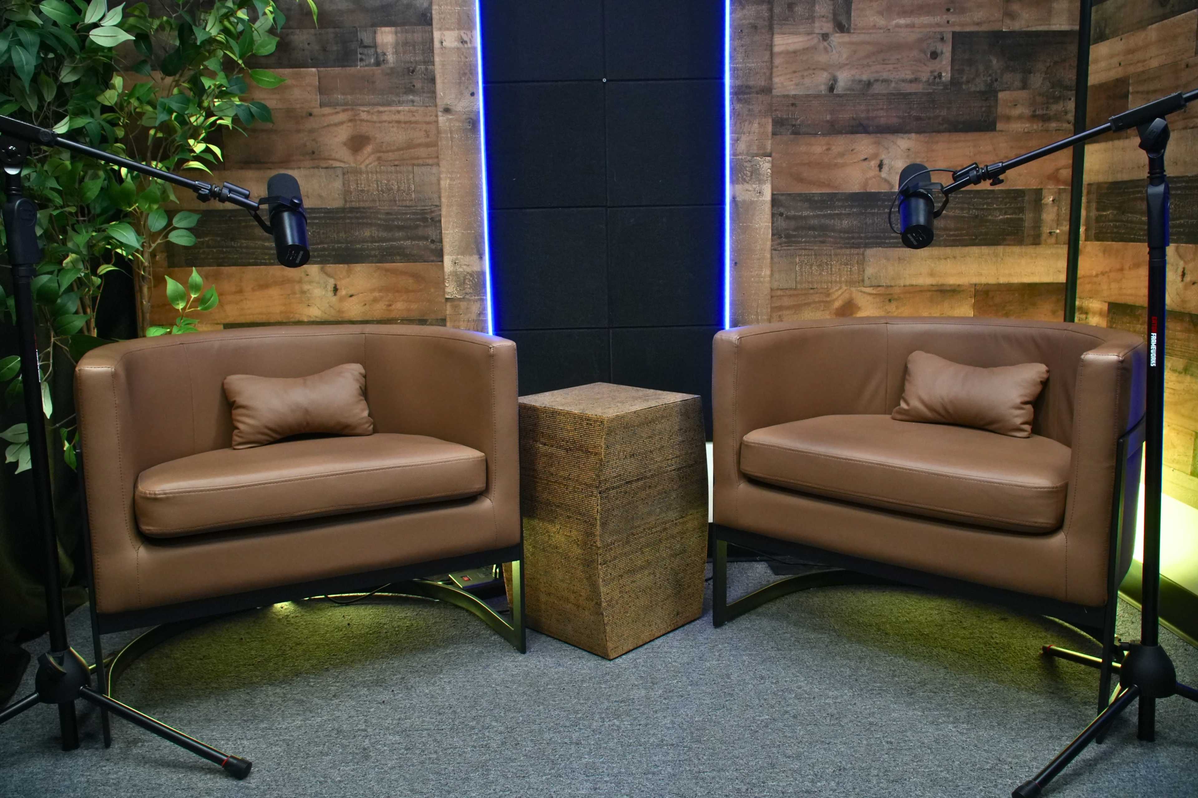 The image shows two brown armchairs positioned opposite each other with a square table between them, surrounded by indoor plants and a wooden wall backdrop.