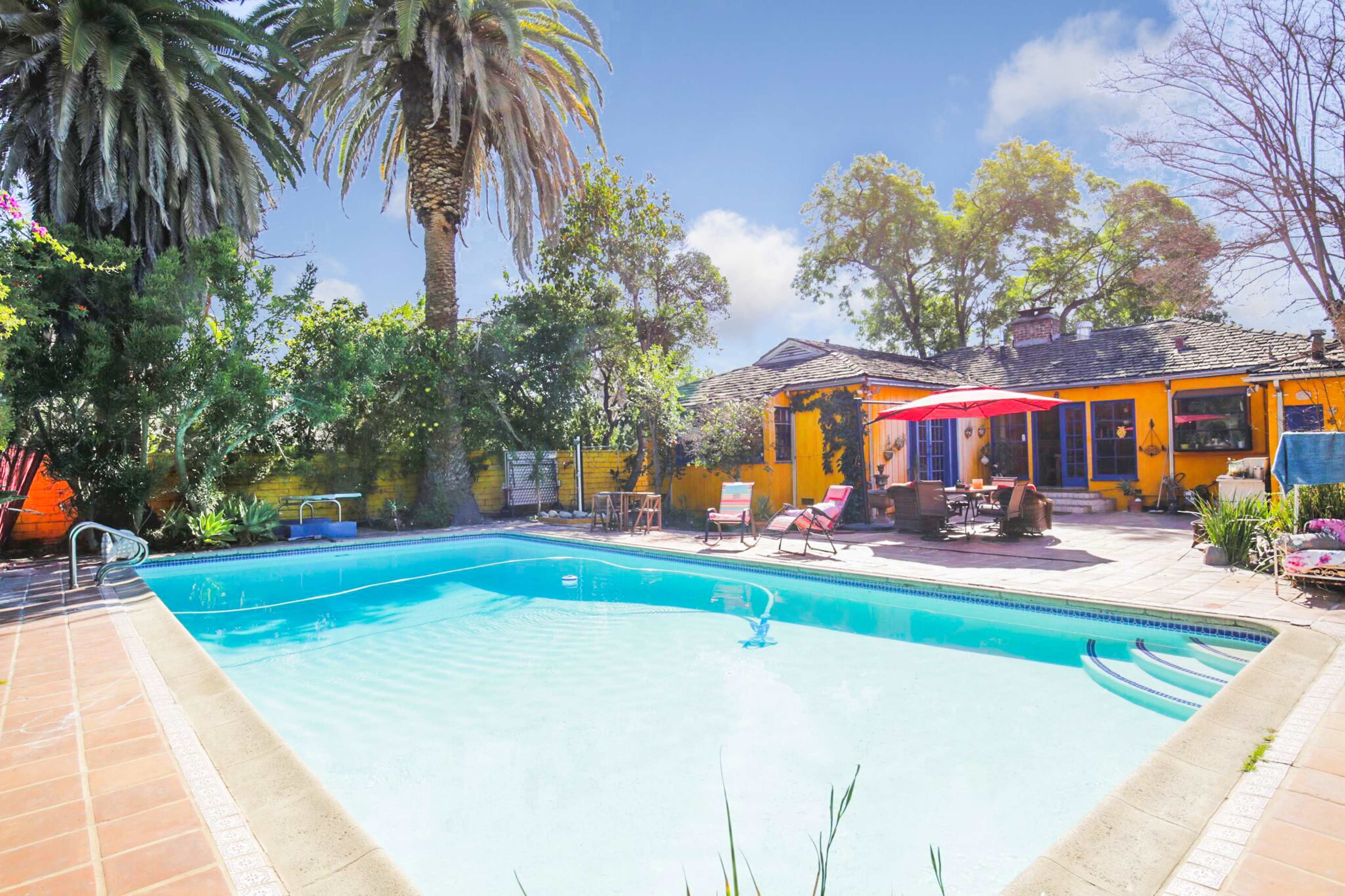 The image shows a backyard with a swimming pool surrounded by palm trees and lounge chairs, featuring a house with a patio and colorful walls.