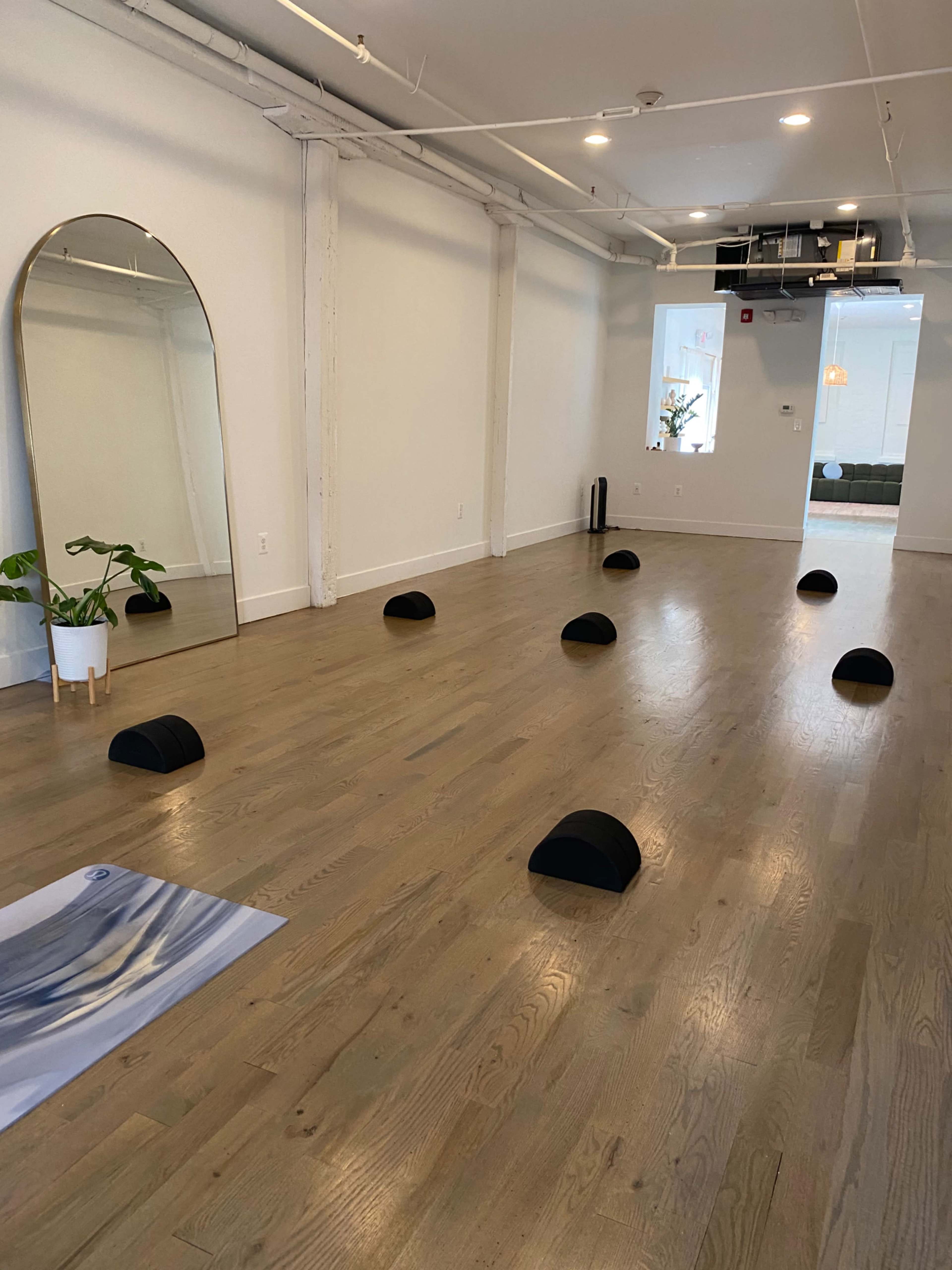 The image shows a spacious, well-lit room with wooden flooring, featuring a large mirror, a potted plant, and several black semi-circular exercise props arranged on the floor.