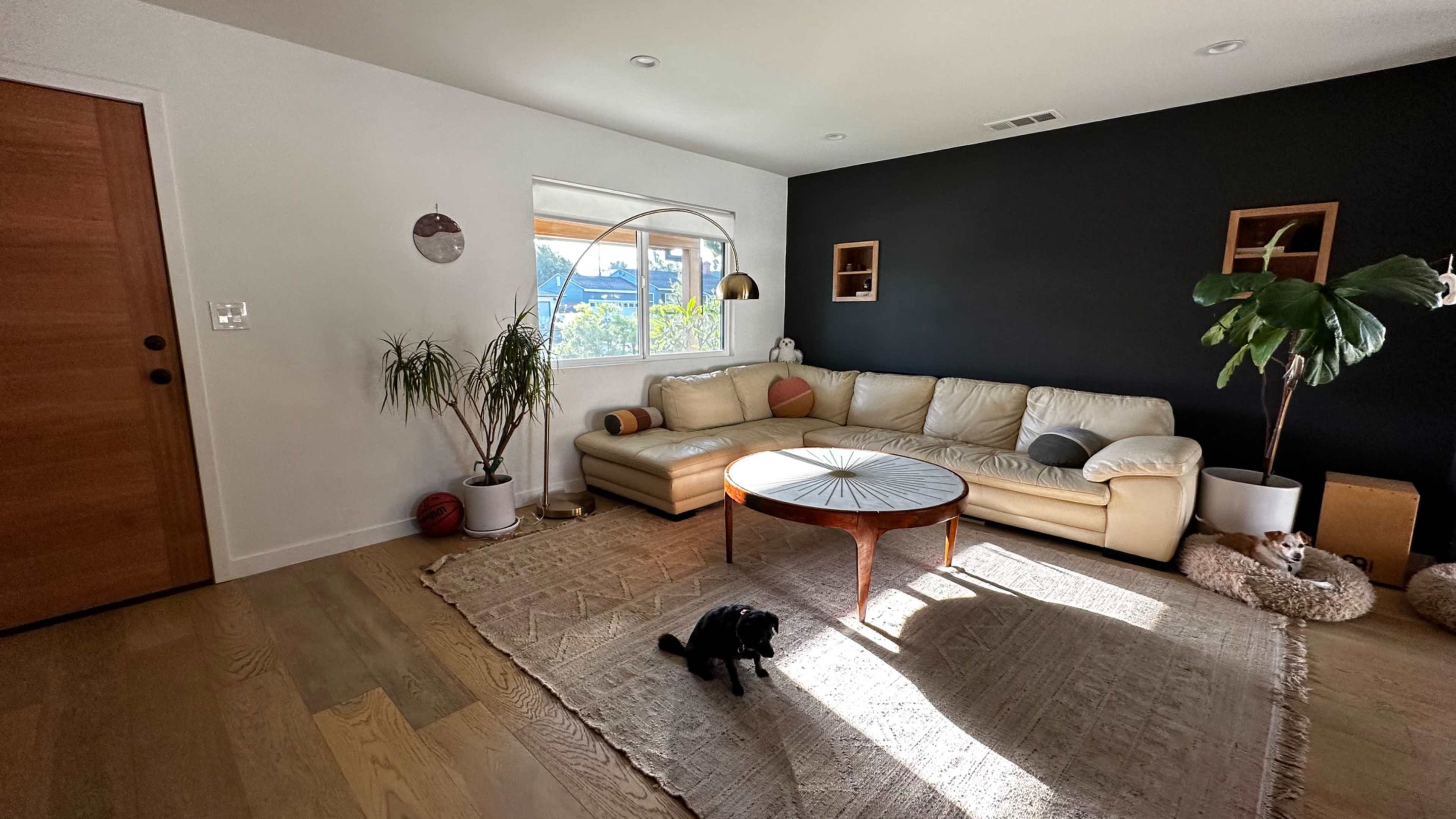 A spacious living room features a light-colored leather sectional sofa, a round wooden coffee table, and a potted plant, with a window illuminating the space.