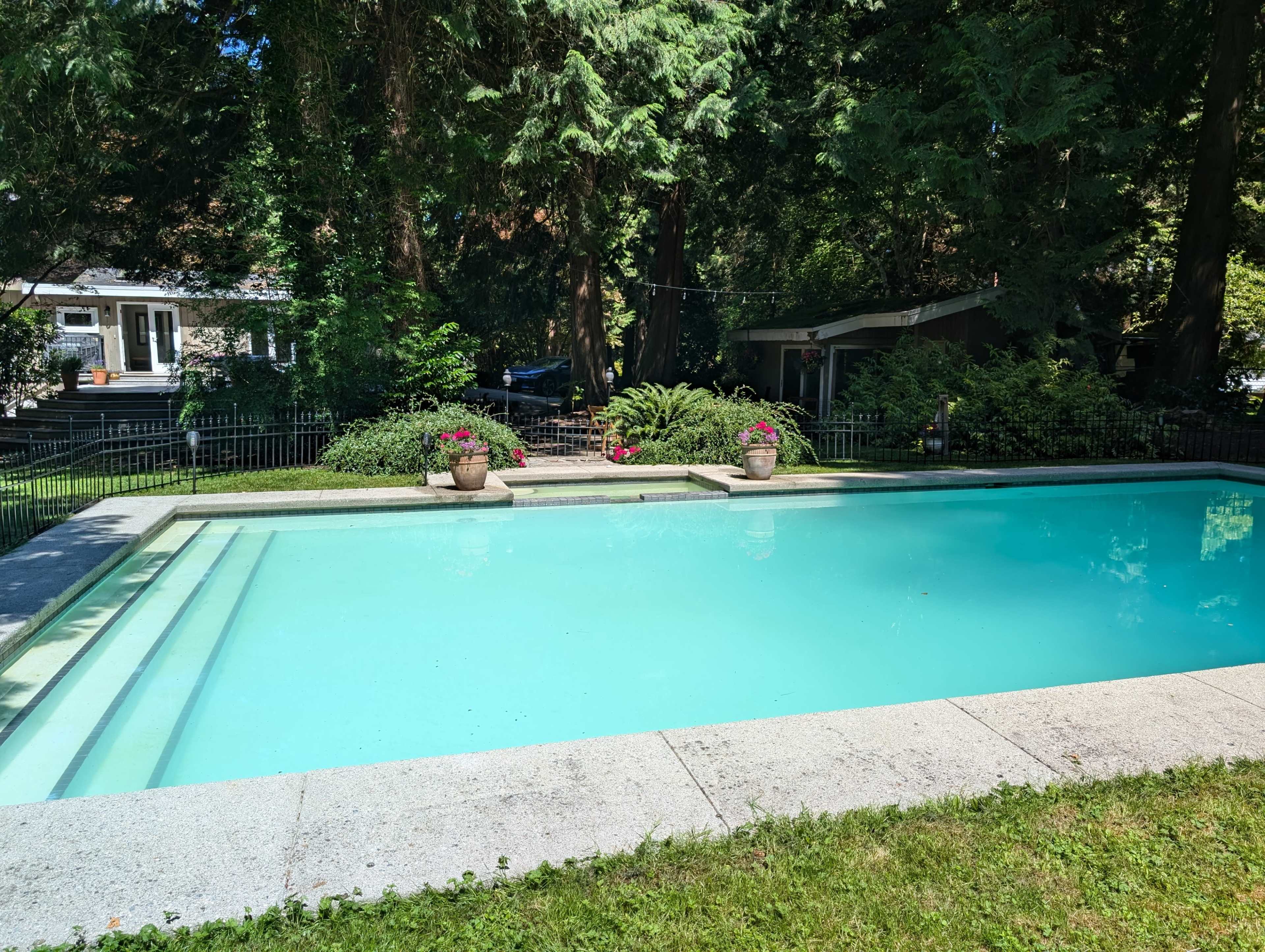 A rectangular swimming pool is surrounded by lush greenery and a paved deck, with planters at each end.