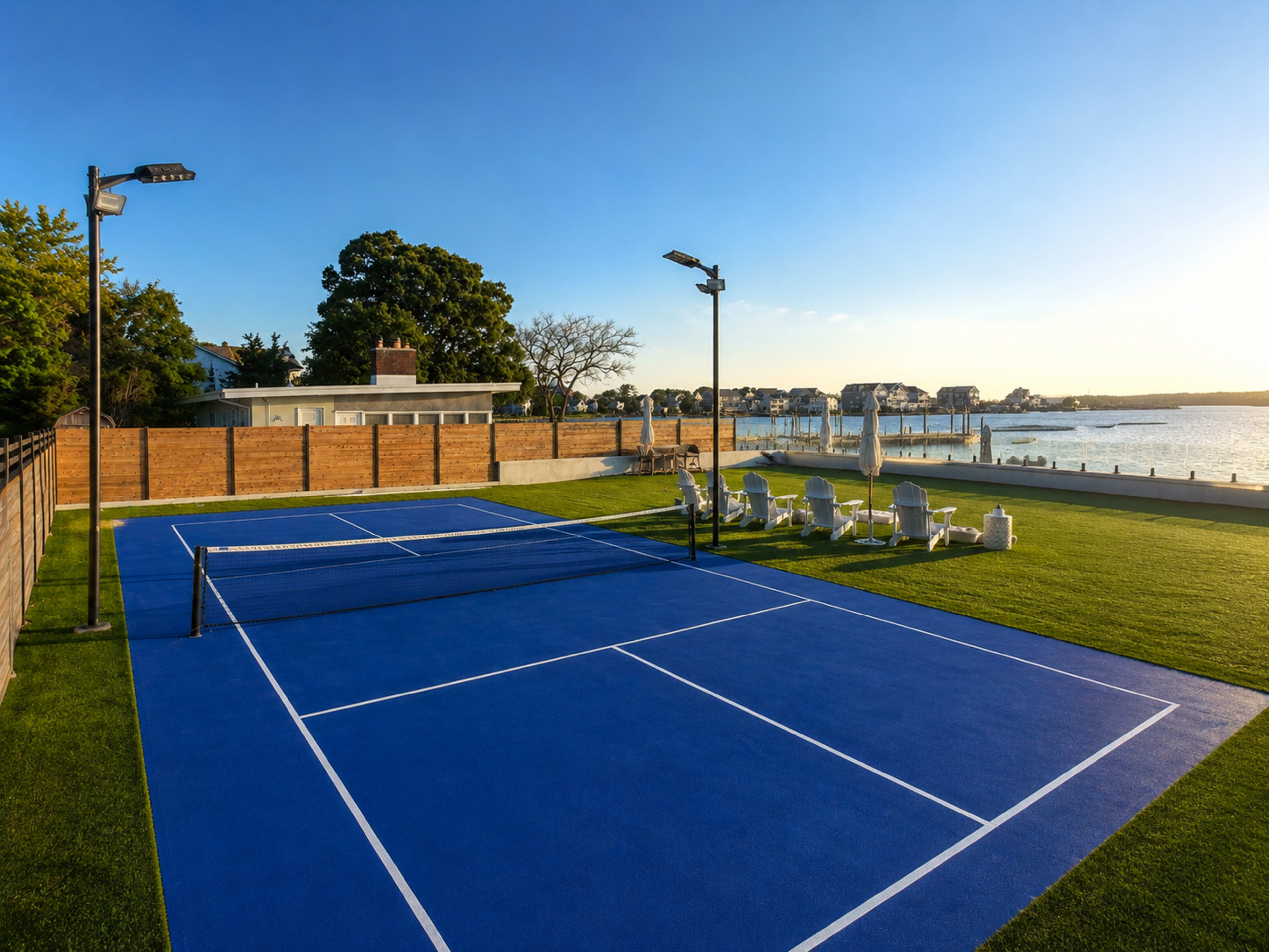 The image shows a blue tennis court surrounded by a grassy area and illuminated by overhead lights, with a waterfront view in the background.