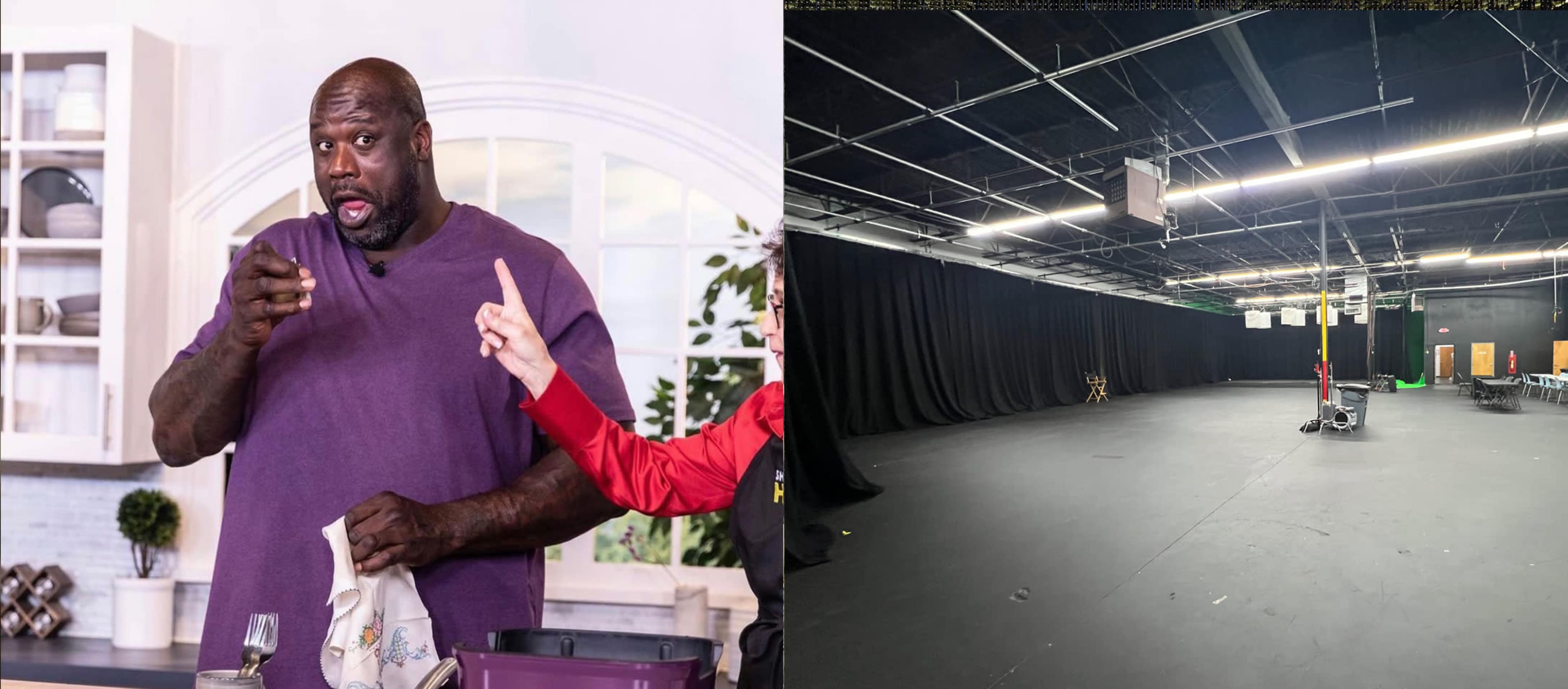 A man in a purple shirt gesturing while standing in a kitchen setting, alongside a vacant studio space with black curtains and empty equipment.