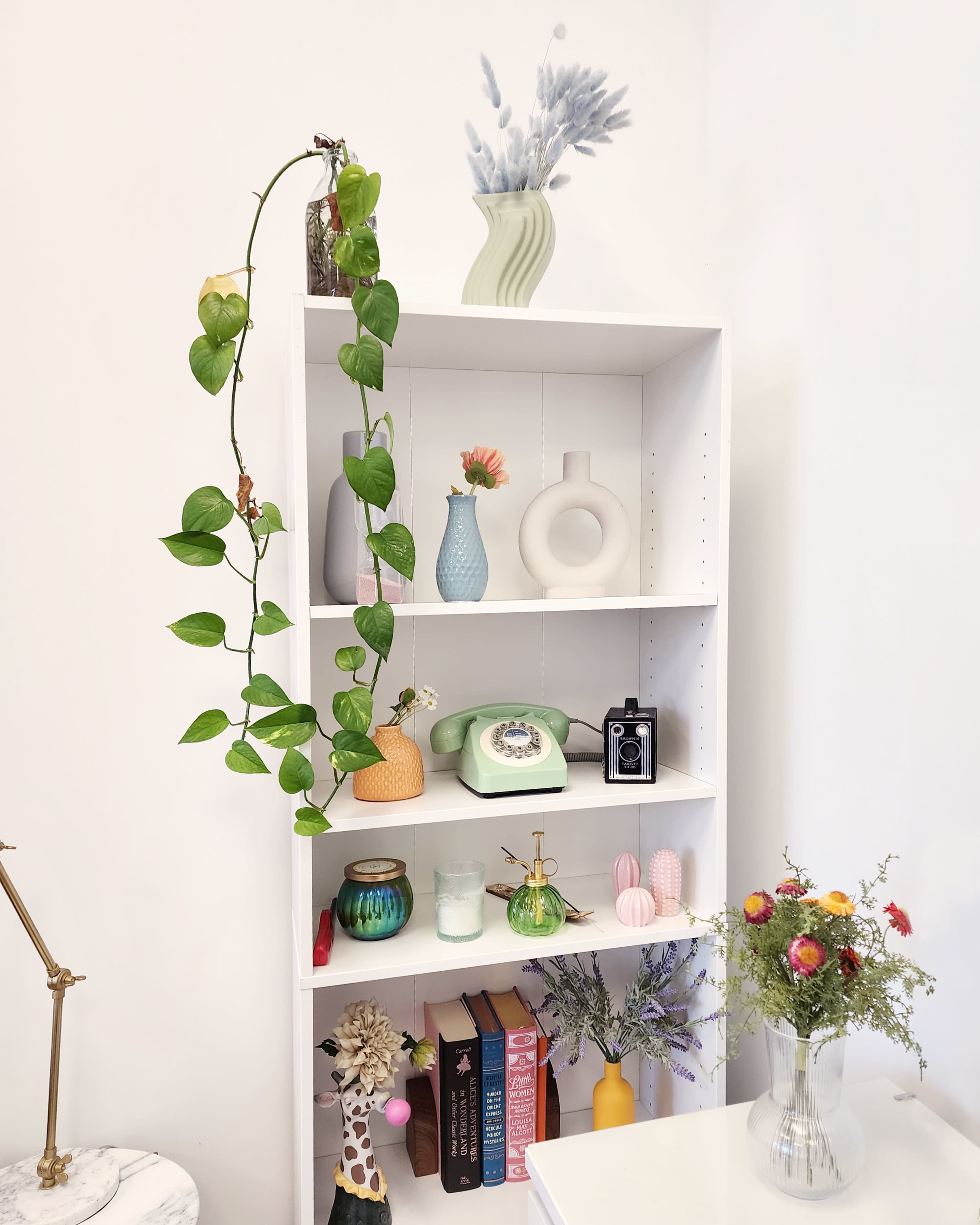 A white bookshelf displays various colorful vases, decorative items, and plants, arranged across several shelves.