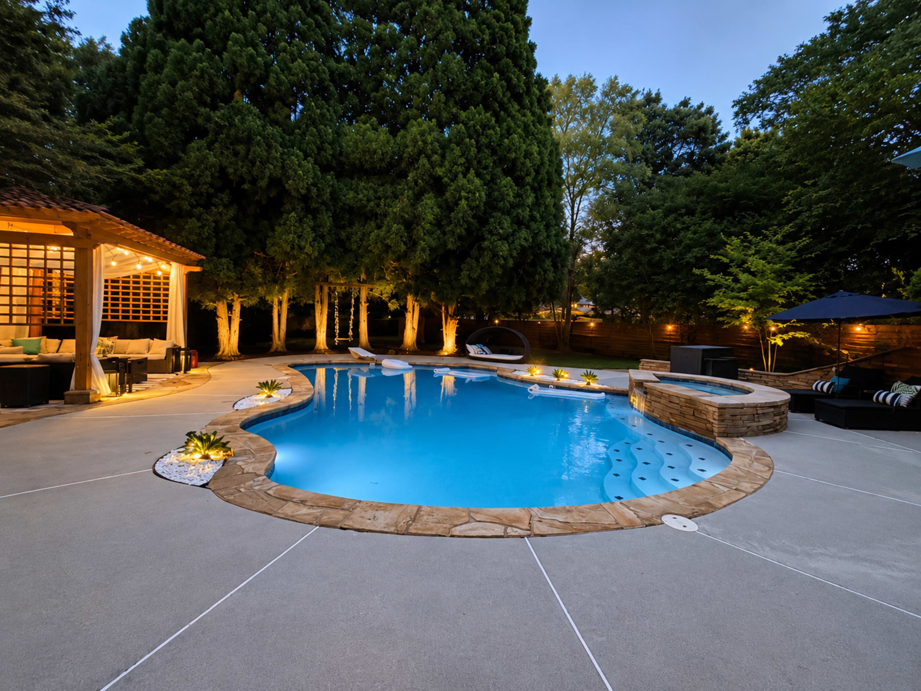 The image shows a well-lit backyard pool area featuring a curved blue swimming pool with a stone hot tub, surrounded by lush trees and patio furnishings.