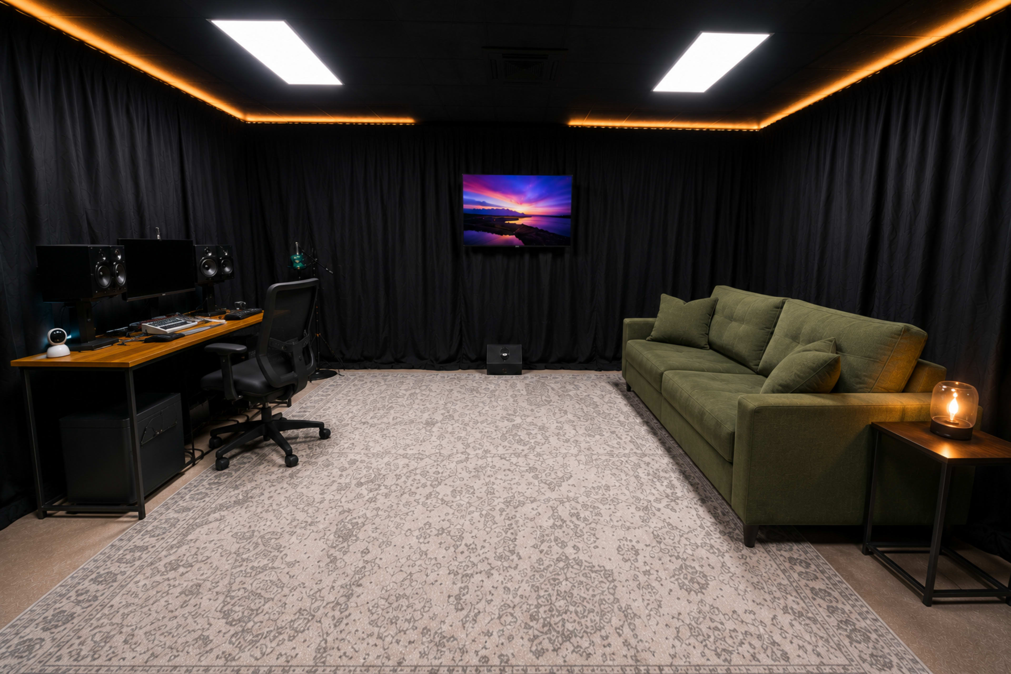 The image shows a dimly lit room with a green sofa, a desk with computer equipment, and a television on a black wall.