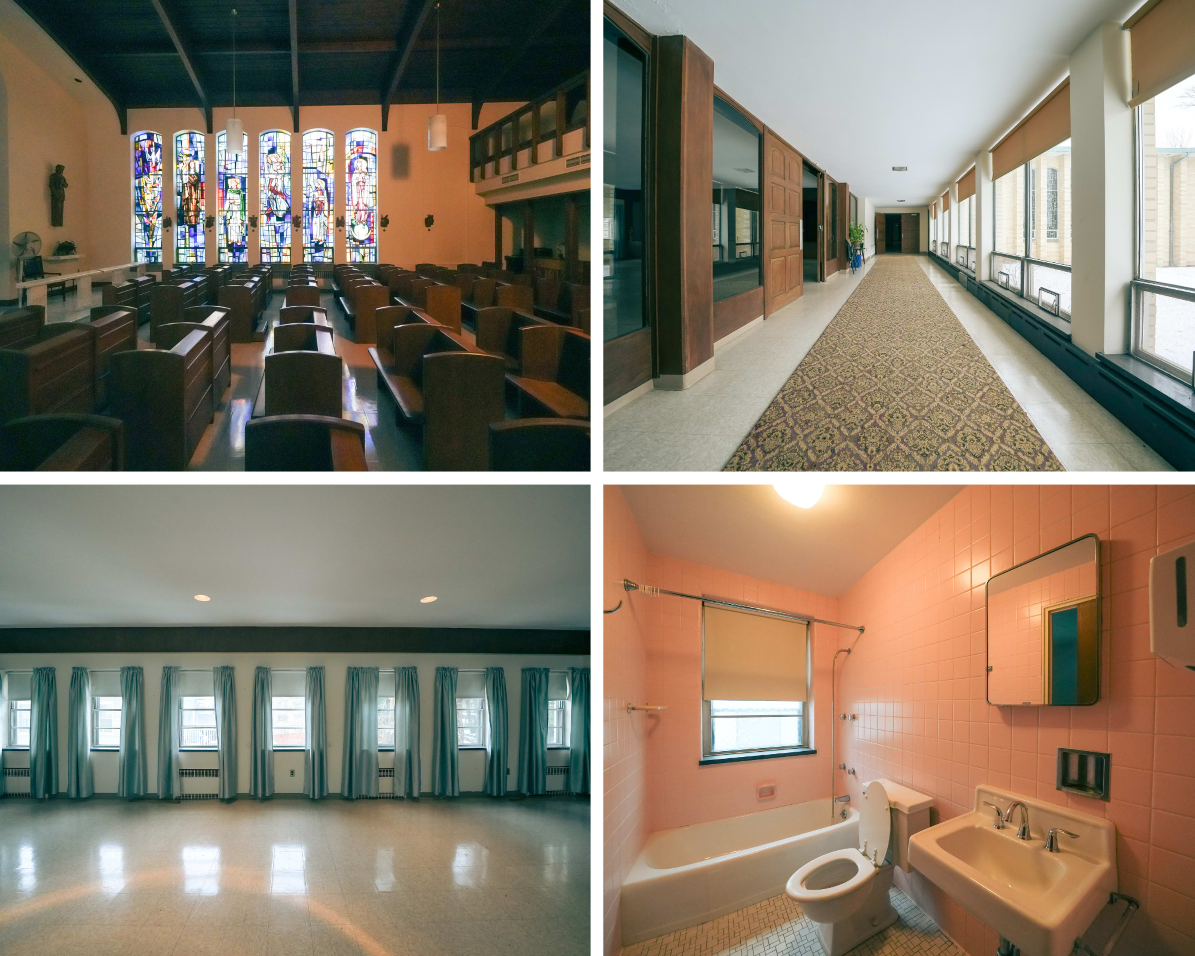 Four different scenes: a chapel with stained glass windows, a long hallway with large windows, a plain room with white walls and curtains, and a bathroom with pink tiles and fixtures.