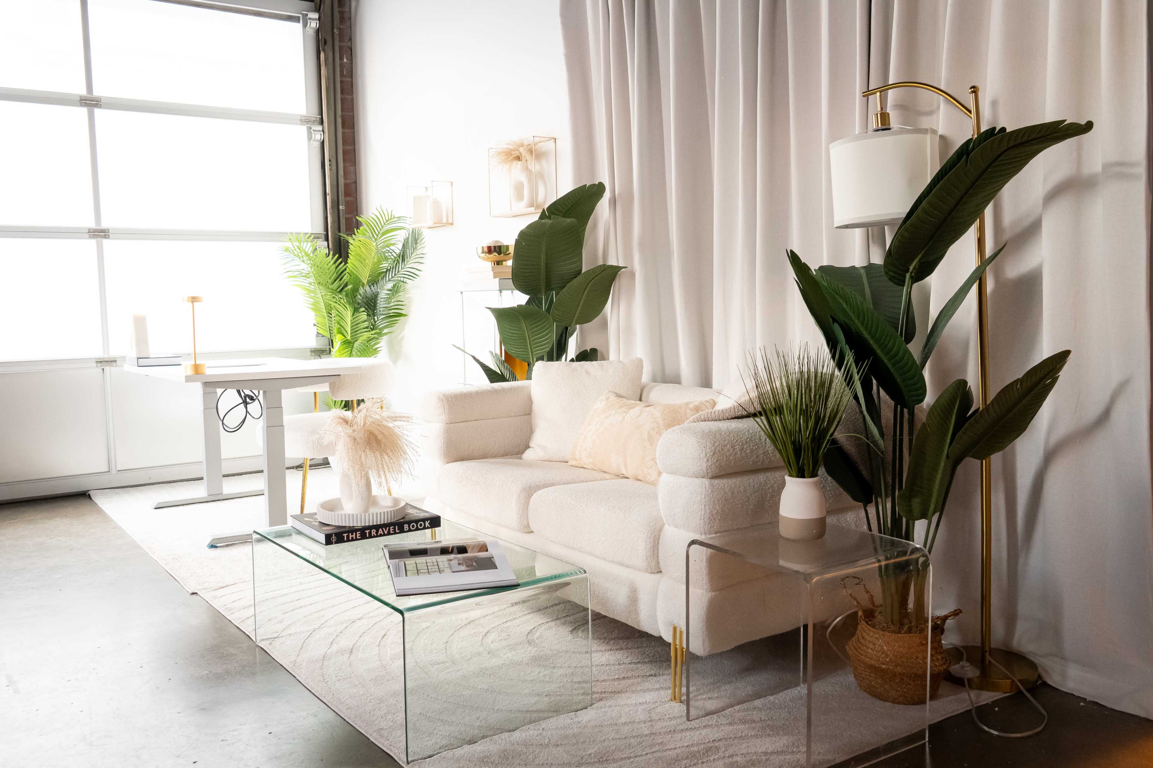 The image shows a modern living room setup featuring a light-colored sofa, a glass coffee table, large potted plants, and a bright, airy atmosphere with a window in the background.