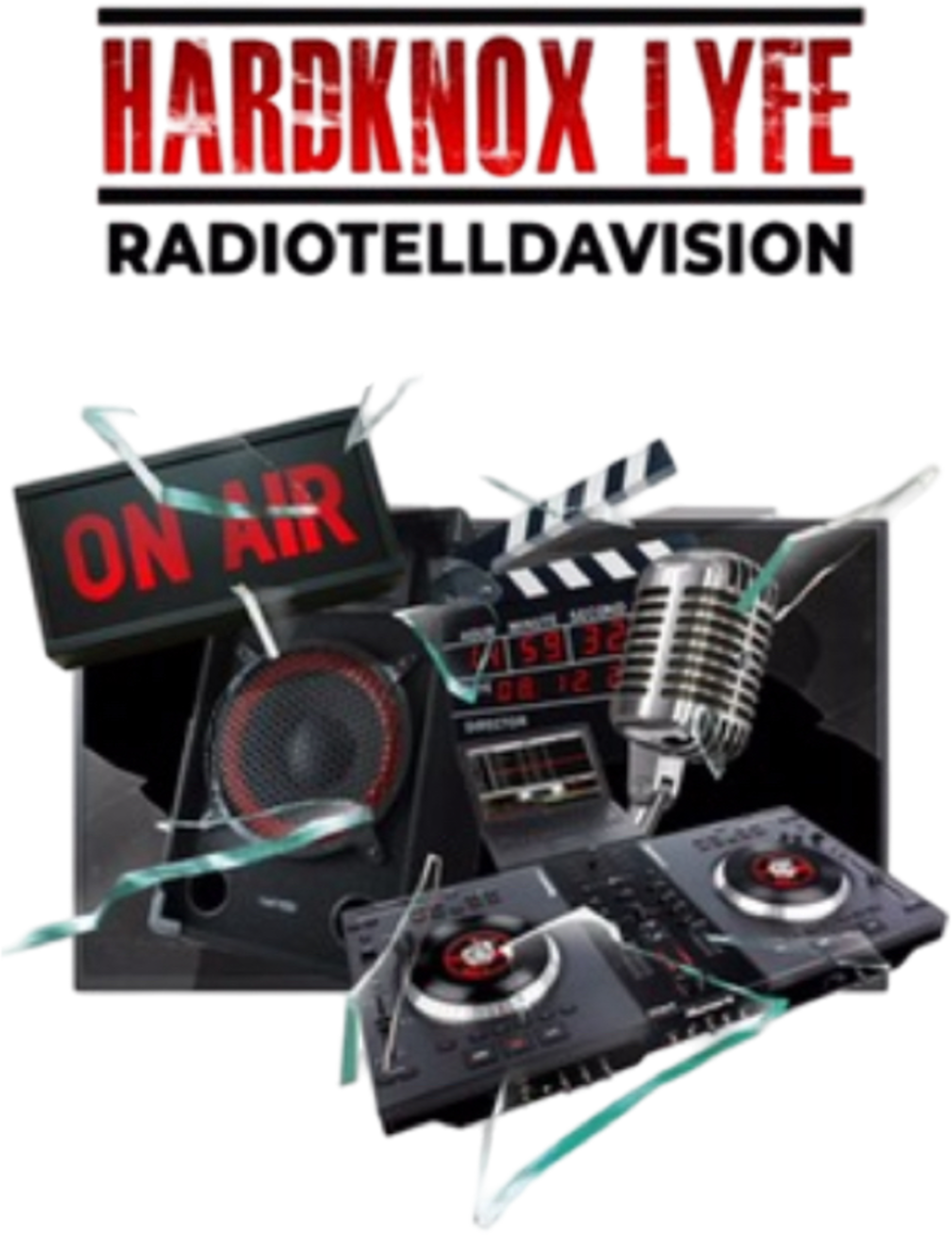 The image features a black and silver audio equipment setup with a microphone, speakers, and a film clapperboard, all surrounded by shattered glass, along with the text "HARDKNOX LYFE RADIOTELLDAVISION" prominently displayed above.