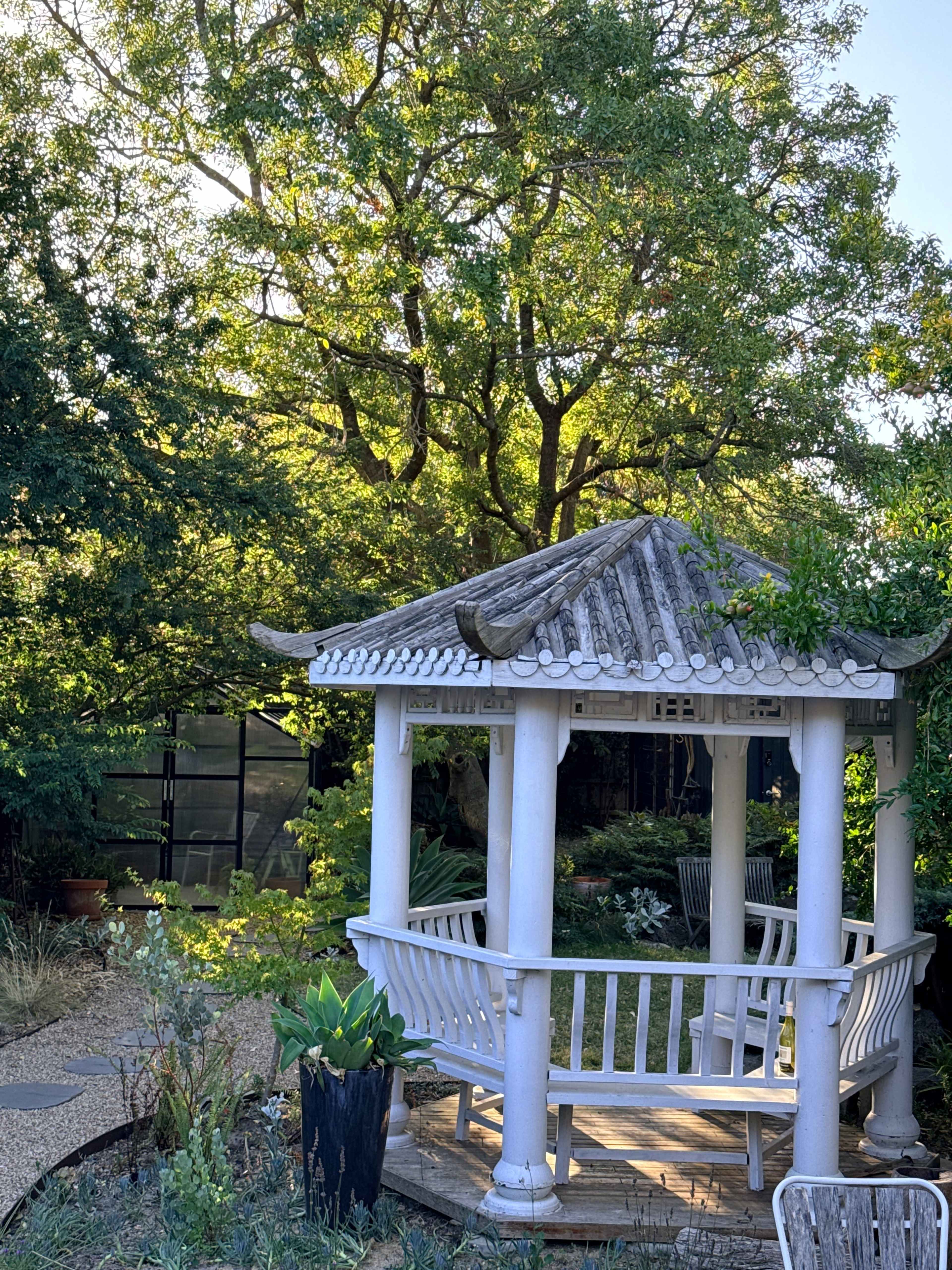 A wooden gazebo with a curved roof stands surrounded by lush greenery in a garden setting.