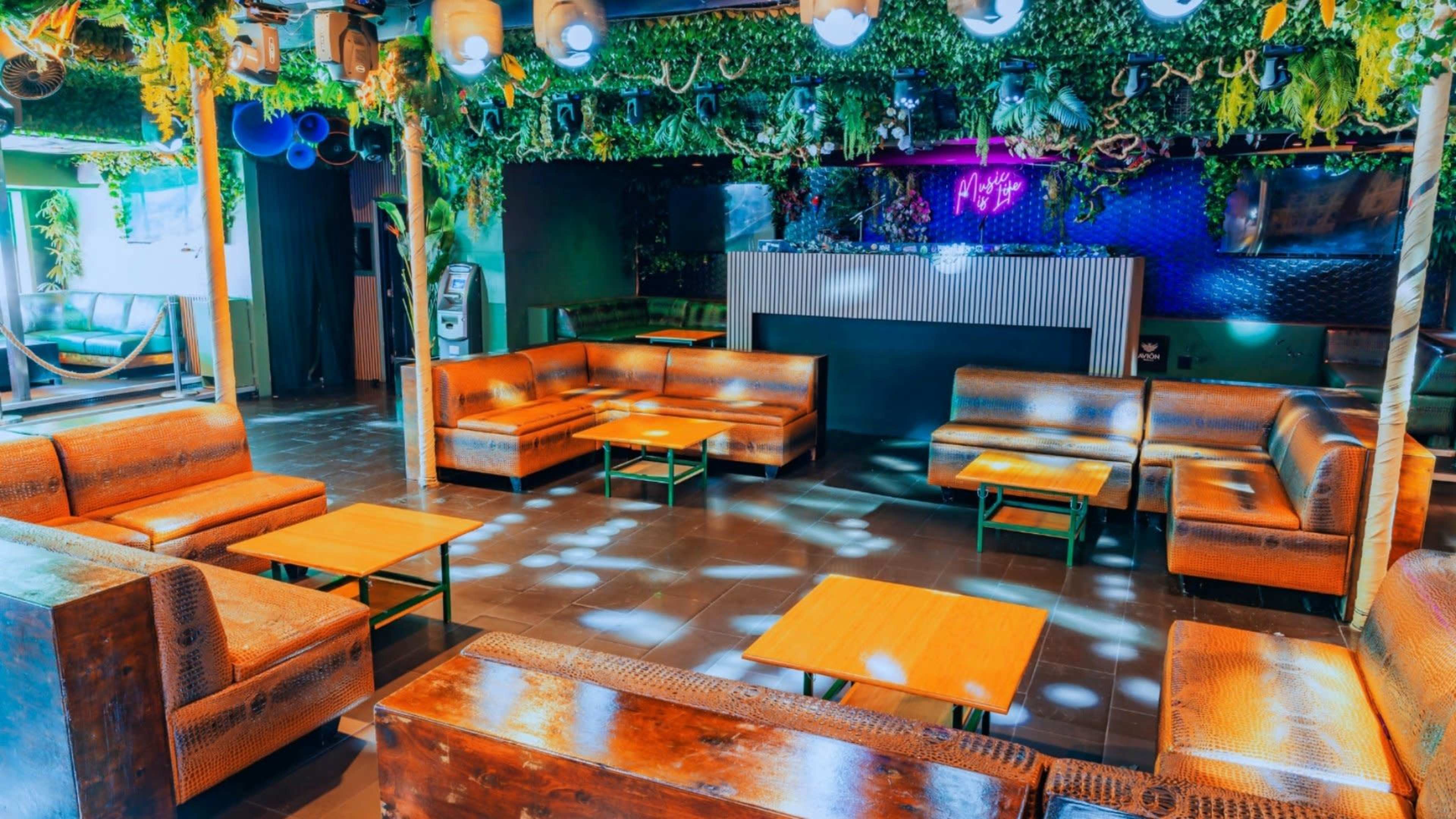 A lounge area with wooden couches and tables surrounded by greenery and colorful lighting.