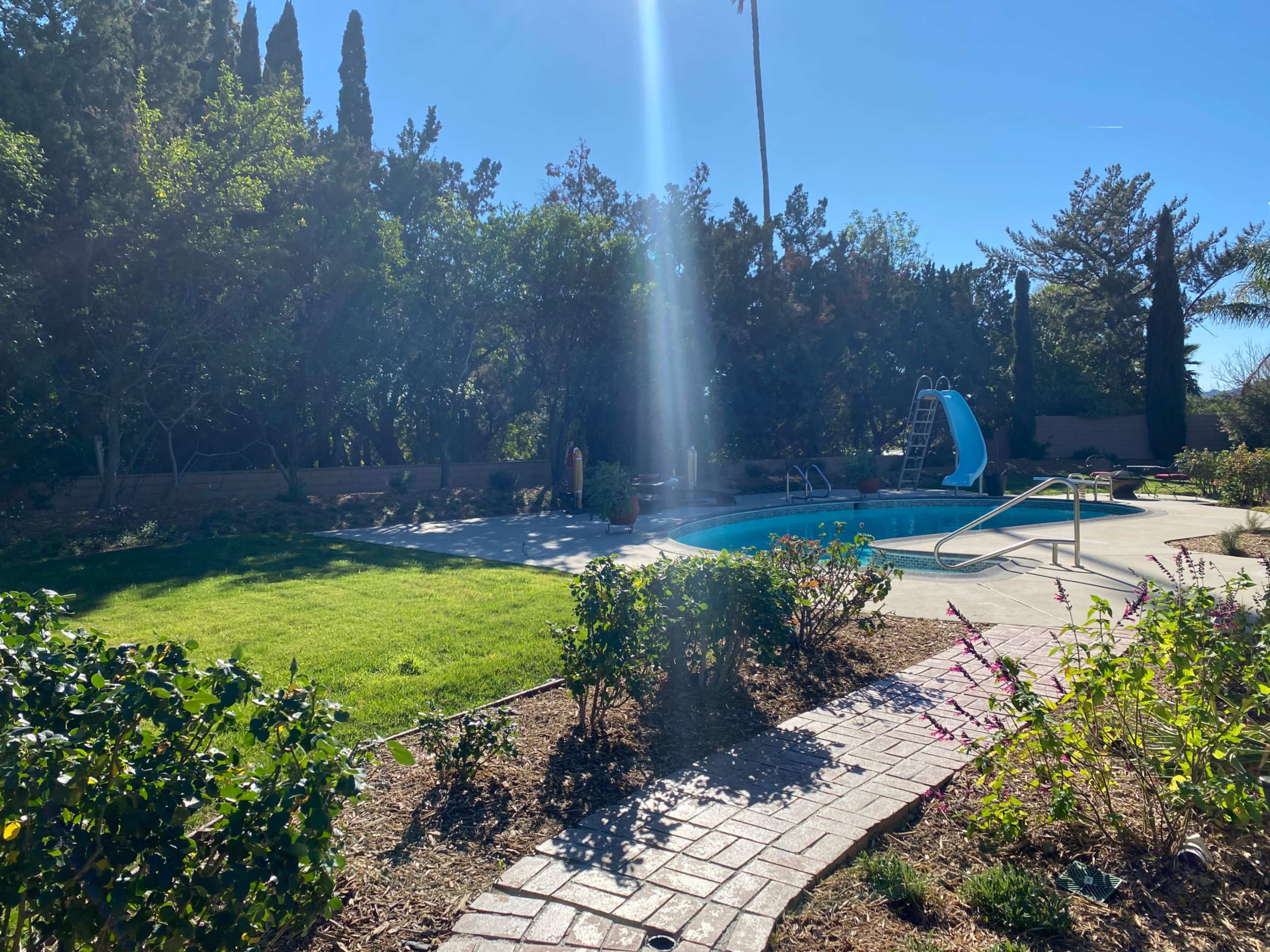 The image shows a backyard with a swimming pool, a water slide, and surrounding greenery under a clear blue sky.