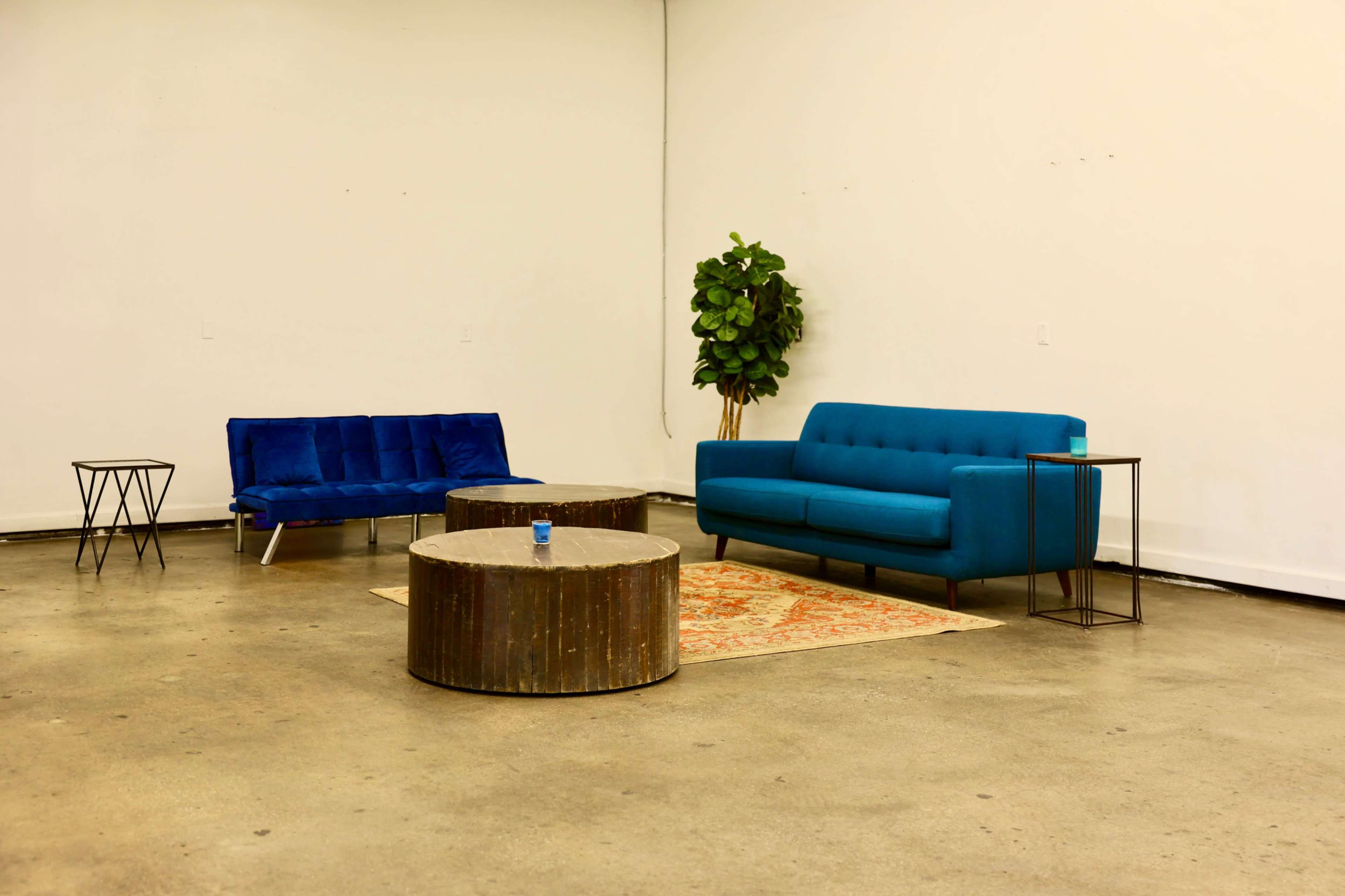 The image shows a spacious room with two blue couches, a couple of round coffee tables, and a potted plant against a plain white wall.