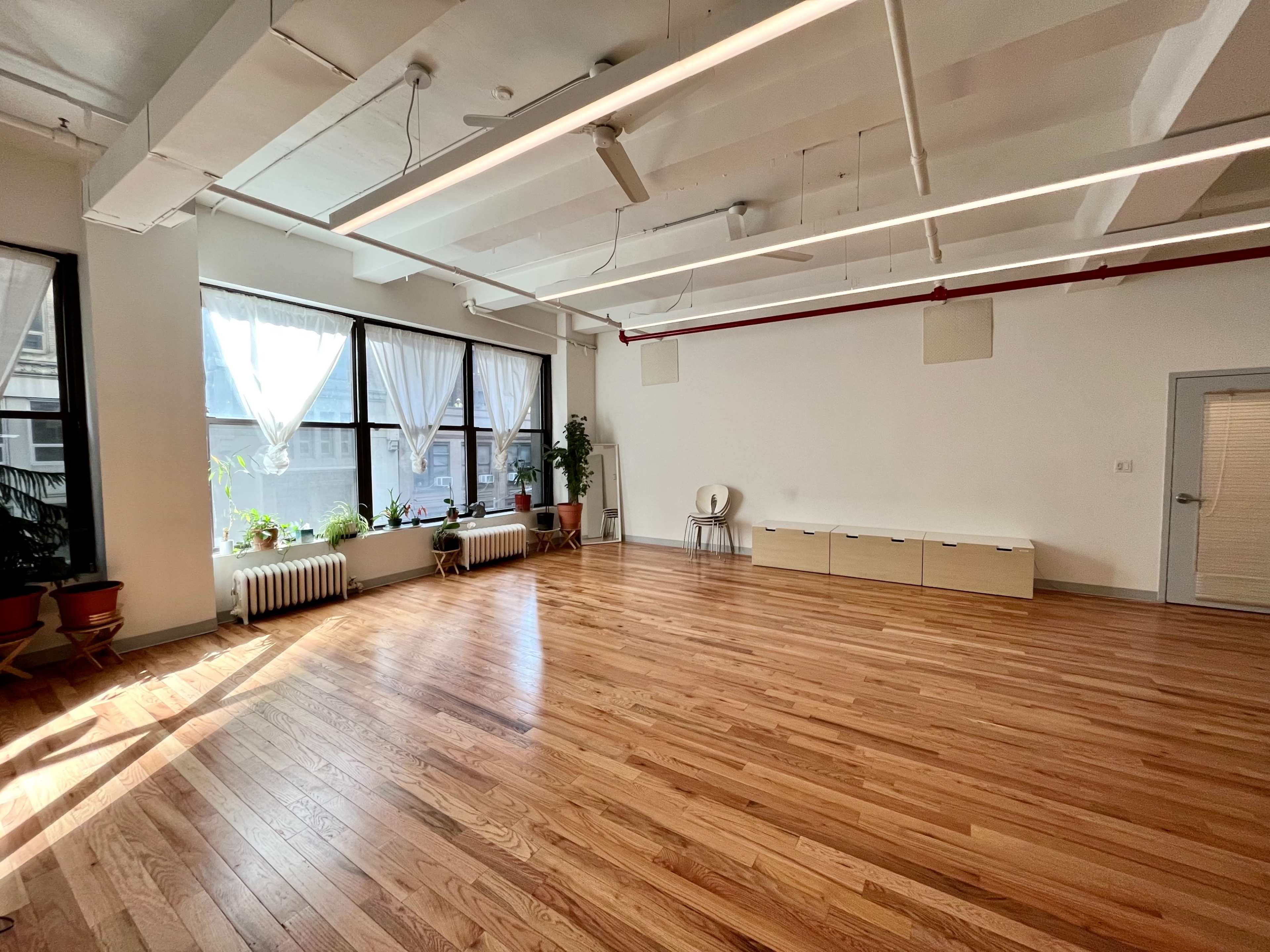 The image shows a spacious, empty room with wooden floors, large windows draped with sheer curtains, and a few plants along the sides.