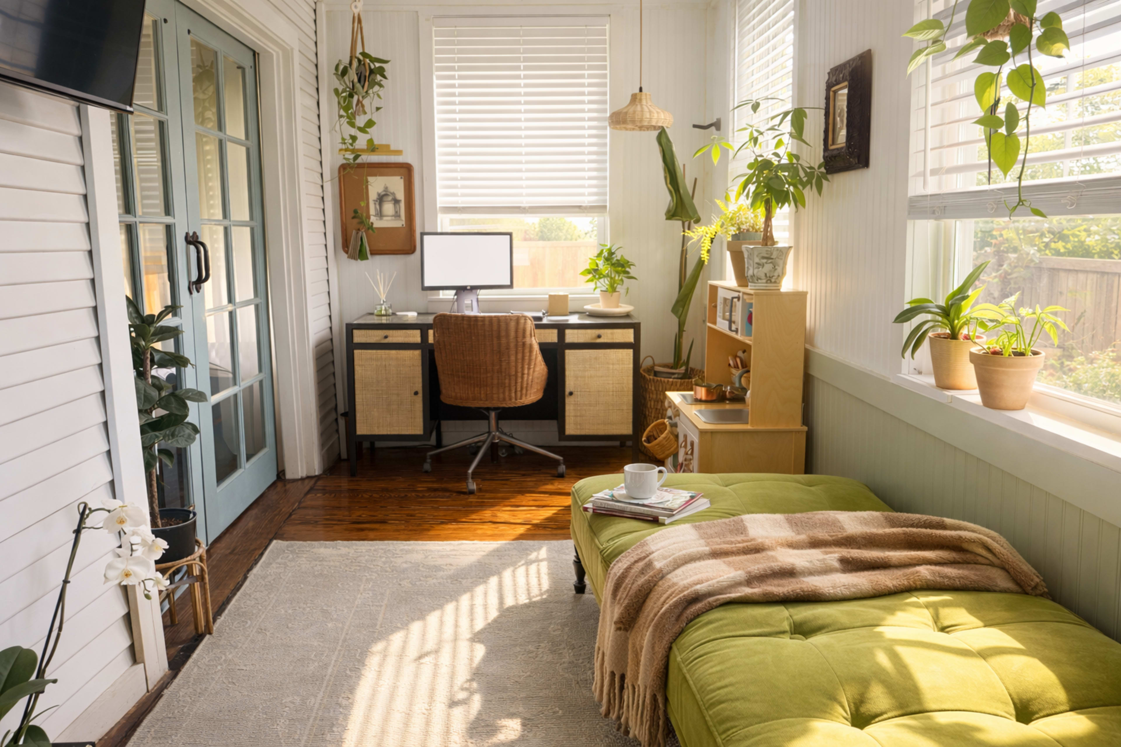 The image shows a bright, sunlit home office featuring a desk with a computer, a green sofa, and various indoor plants.