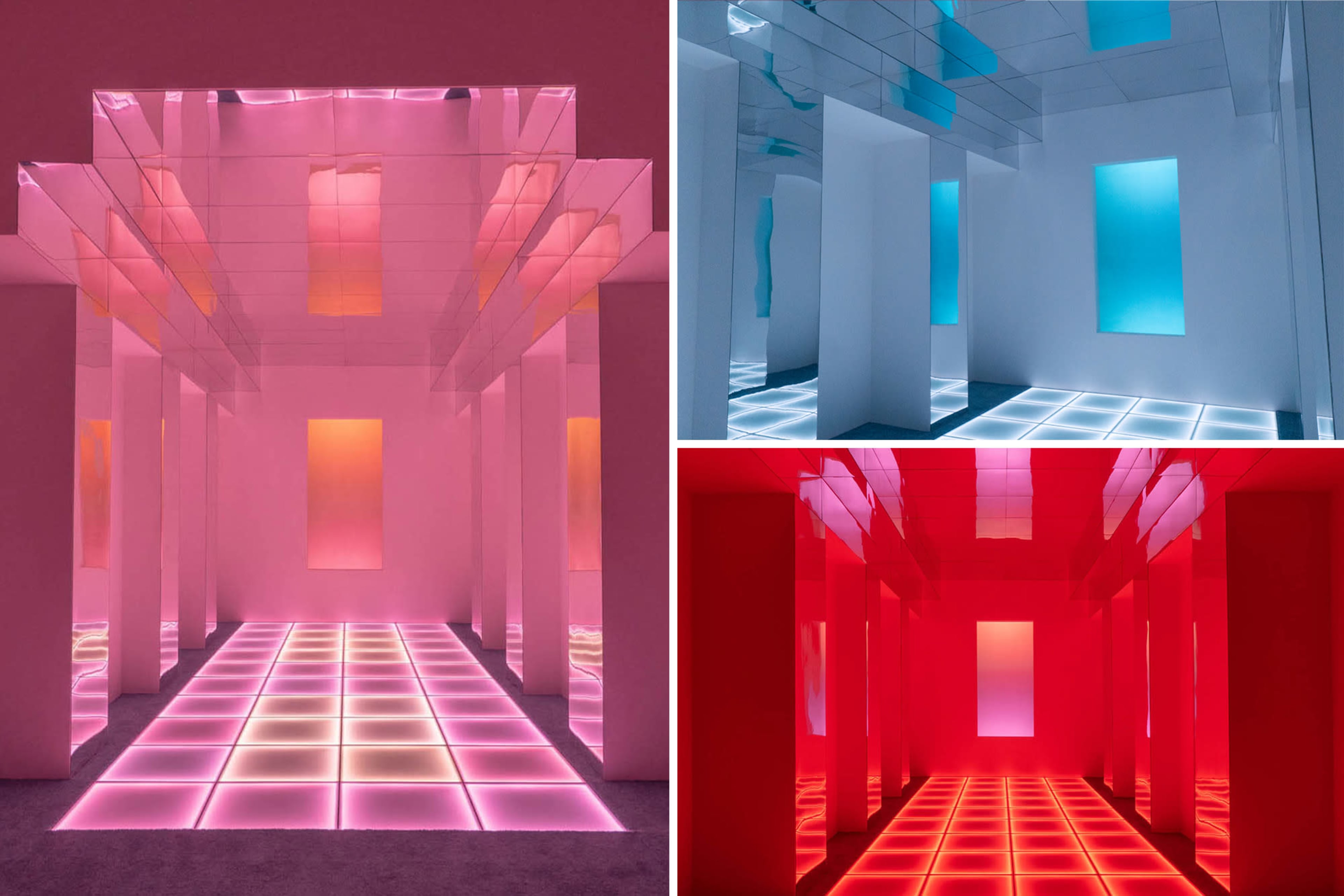 An art installation with mirrored surfaces, colorful lighting, and a grid-patterned floor in shades of pink, blue, and red.