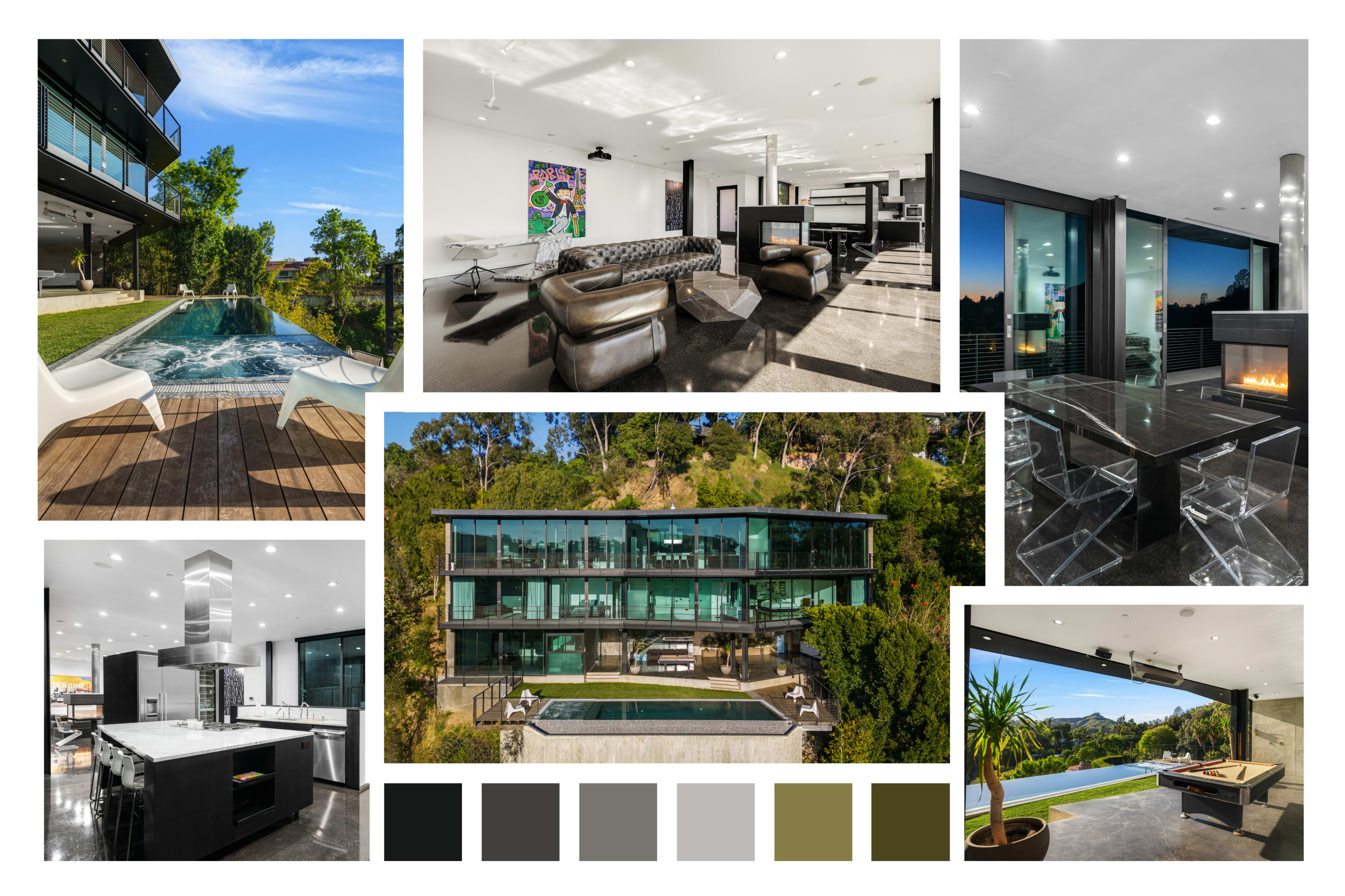 The image showcases various views of a modern multi-level house featuring a sleek design, spacious interiors, a swimming pool, and expansive windows surrounded by greenery.
