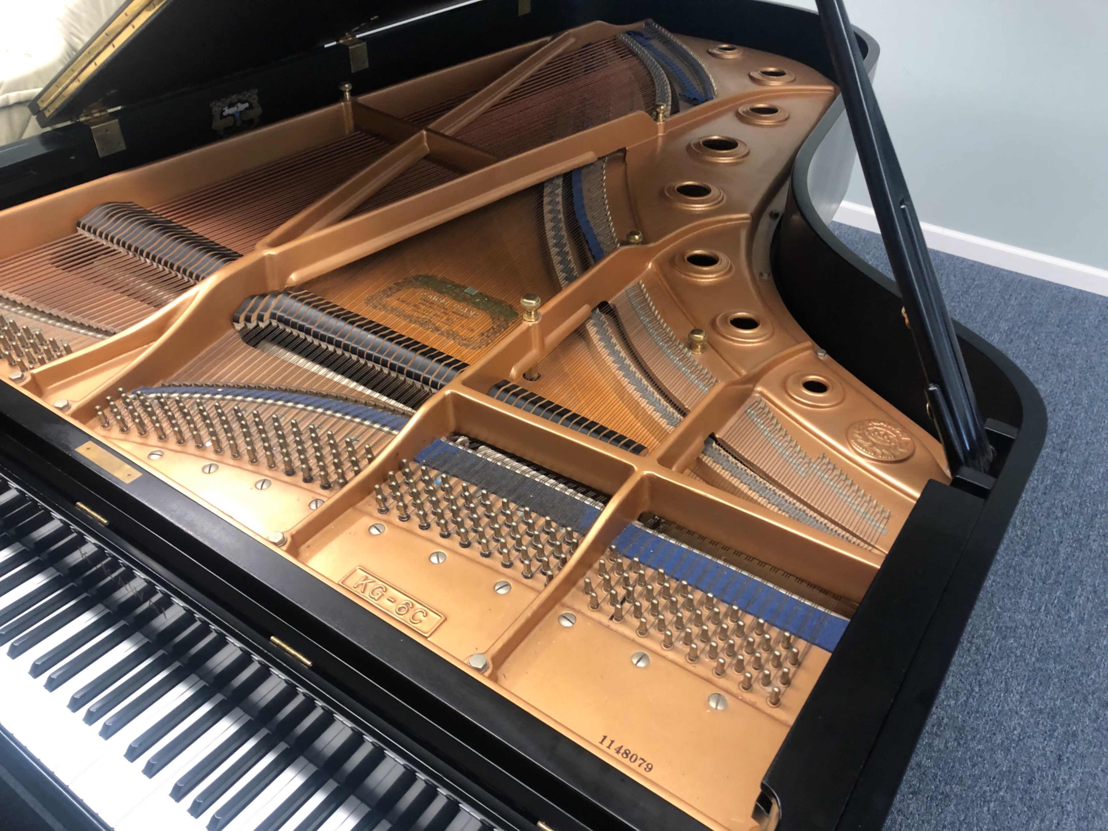 The interior of a grand piano, highlighting the strings, hammers, and metal components along with the keyboard.