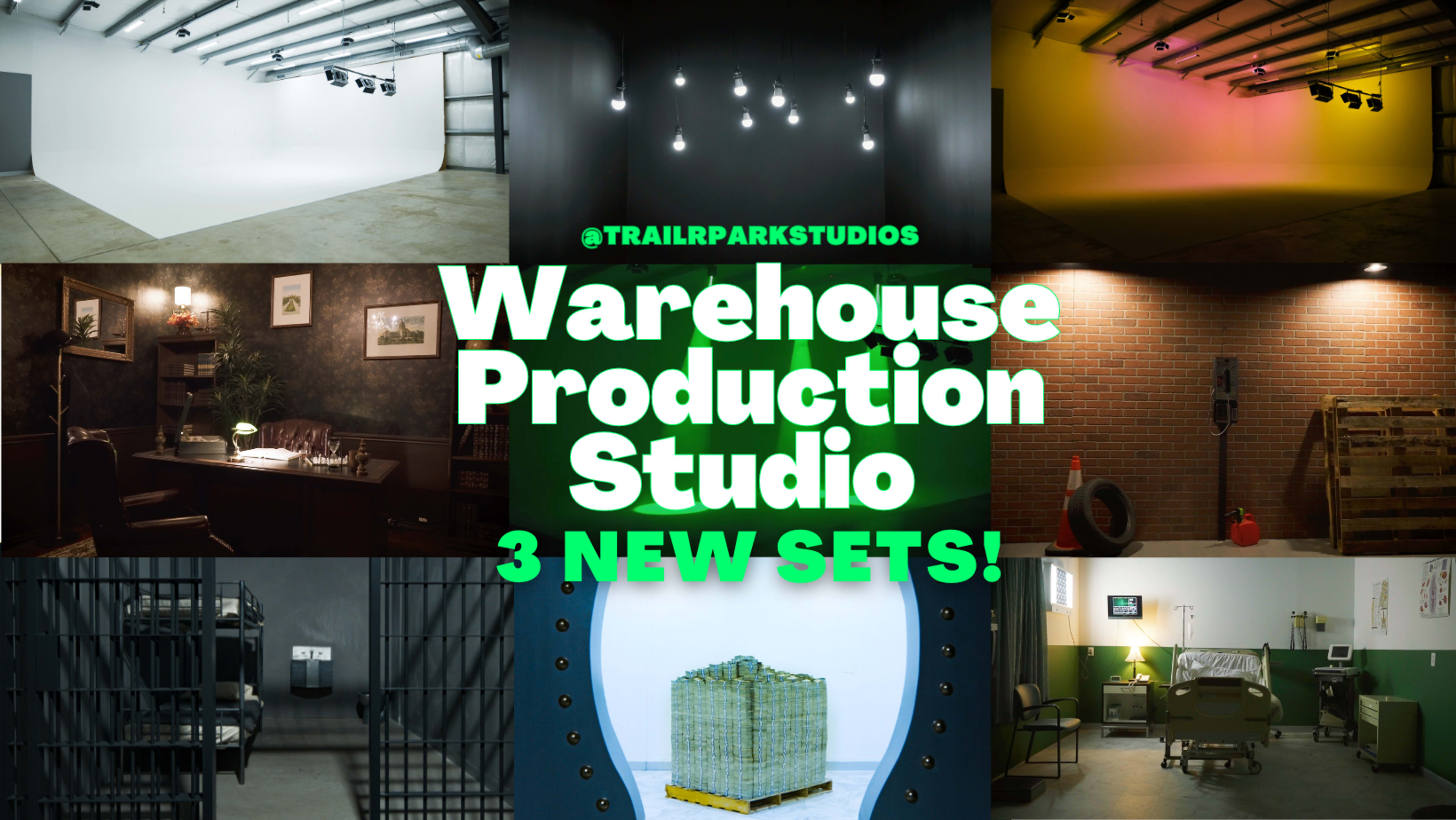 A promotional graphic featuring various production studio sets with a focus on three new sets available at Trail Park Studios.