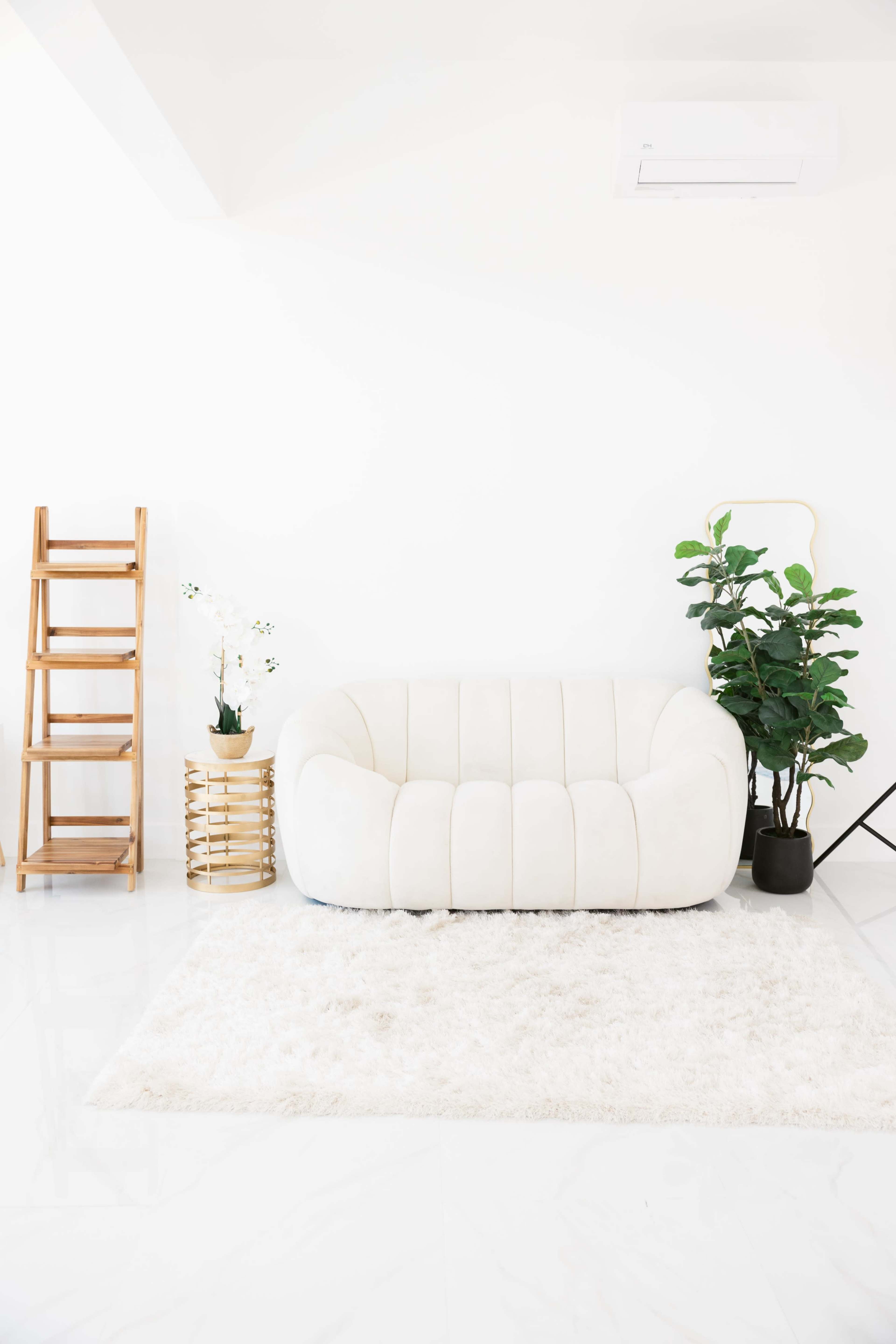 A cream-colored sofa sits on a plush white rug in a bright room with a wooden ladder, a potted plant, and a lamp.