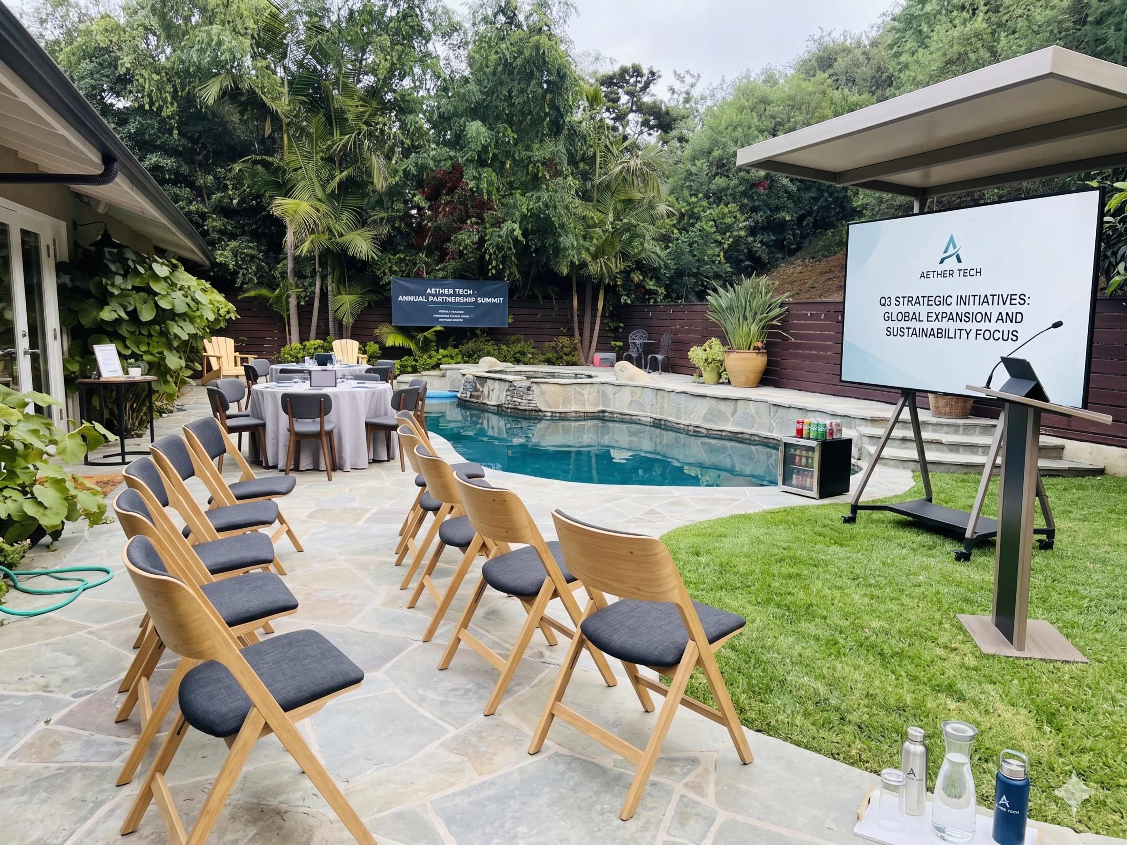 A set of chairs is arranged in front of a large screen displaying a presentation by a company, surrounded by a swimming pool and lush greenery in an outdoor setting.