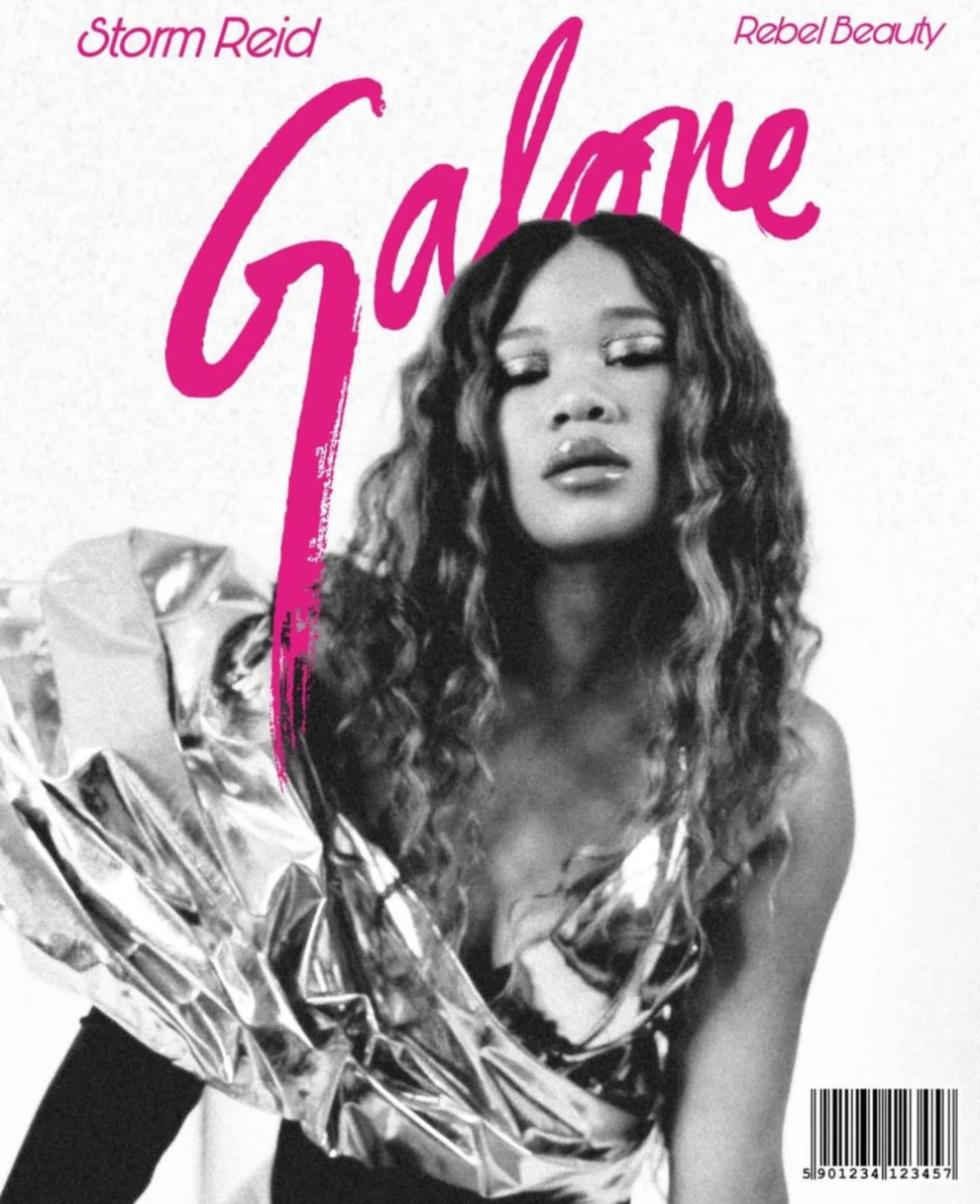 A model posing for a magazine cover, adorned with bold text and a glossy, metallic garment.
