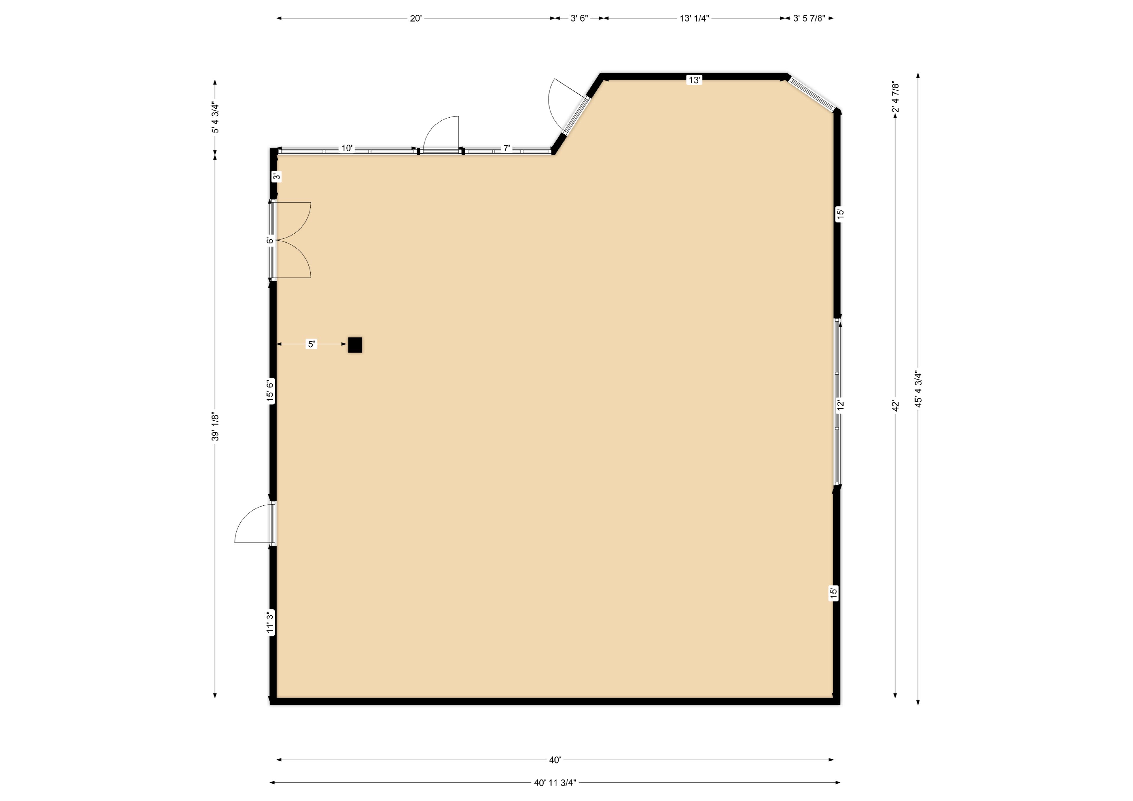 A floor plan with labeled dimensions and the layout of walls, doors, and windows in a rectangular layout.