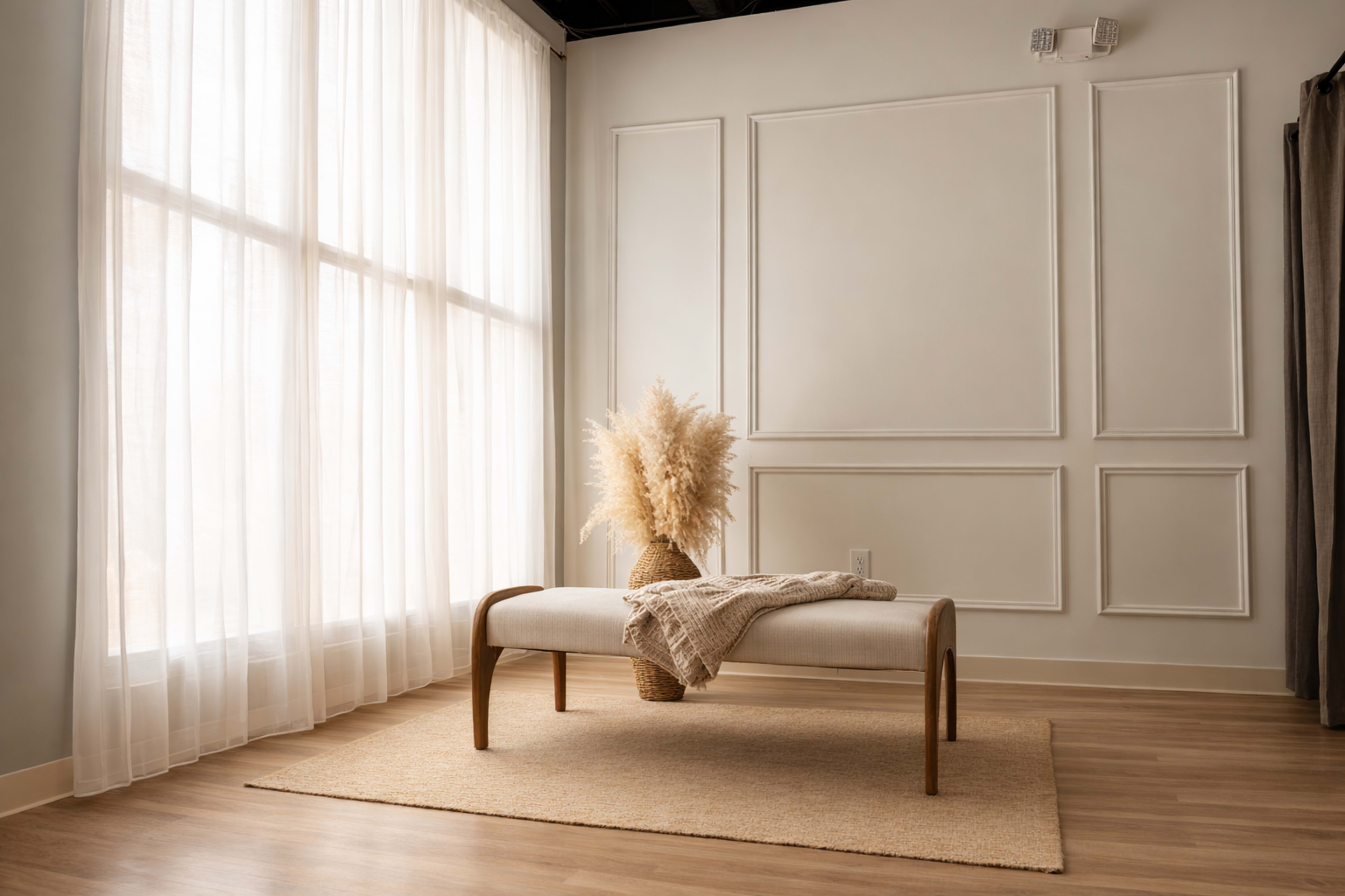 A softly lit room features a bench with a blanket draped over it, next to a large window adorned with sheer curtains and a decorative vase containing dried plants.