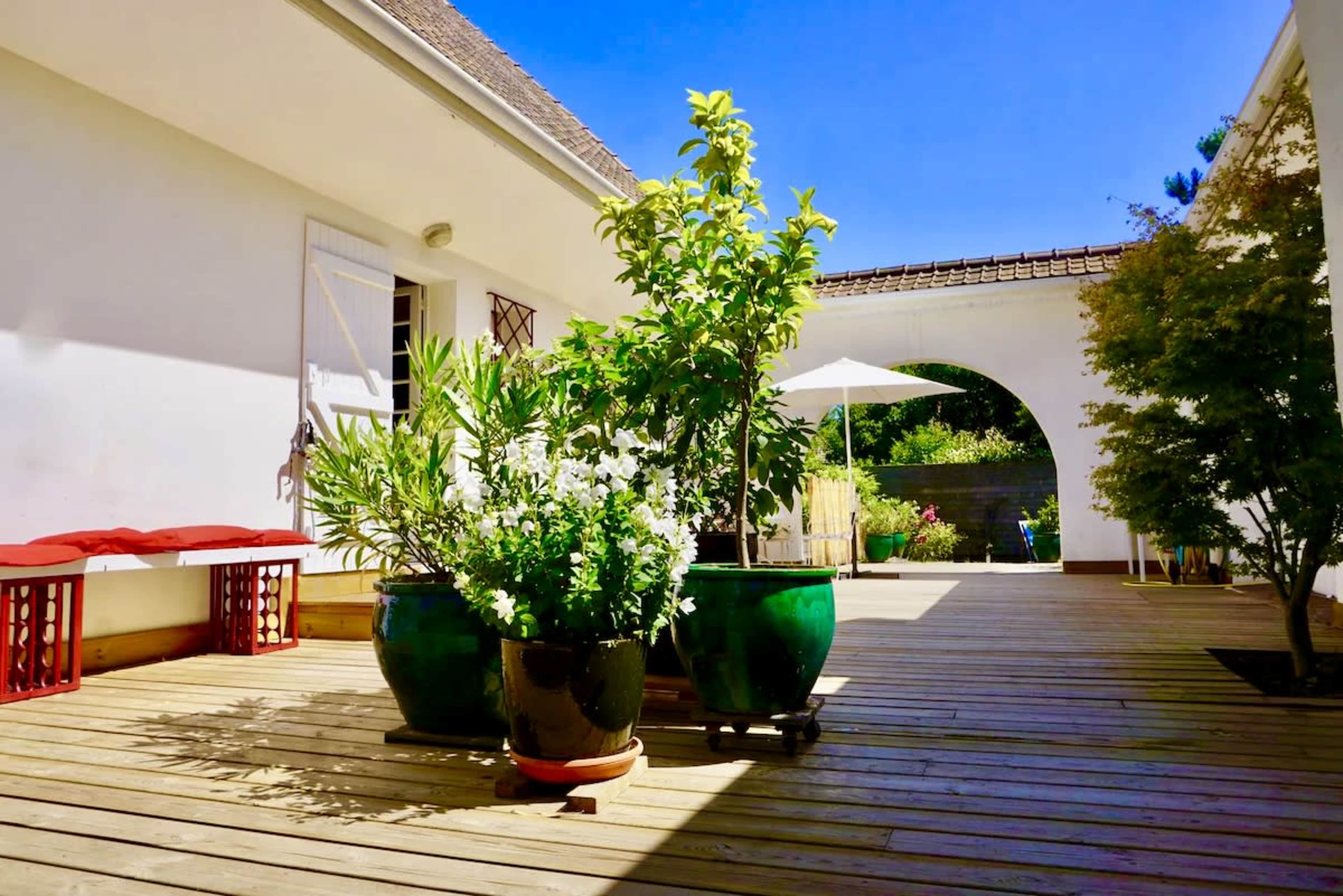 The image shows a wooden deck surrounded by potted plants and a shaded area with an umbrella.
